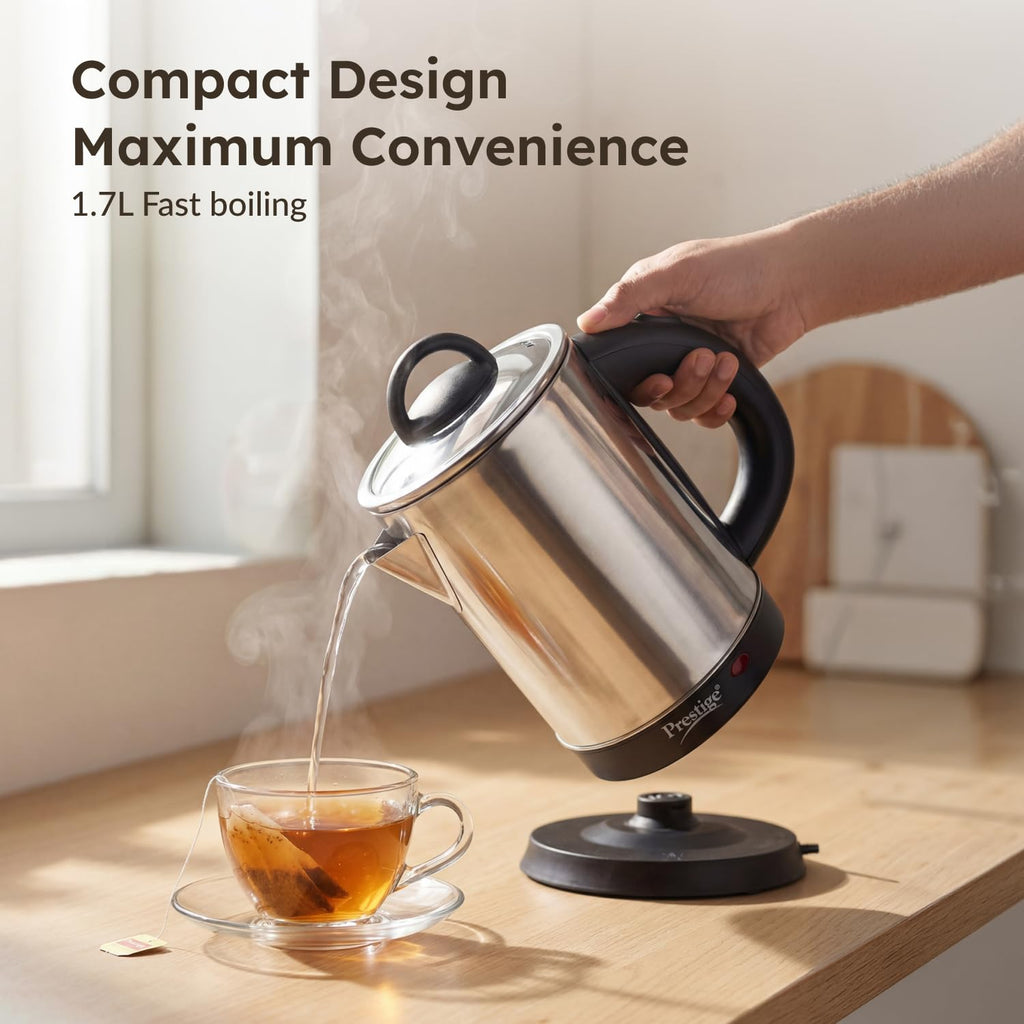 Prestige 1.7L PKGSS Stainless Steel Electric Kettle | 1350 Watts | Glass Lid with heat resistent handle | Single Touch lid locking |Automatic Cut Off | Silver