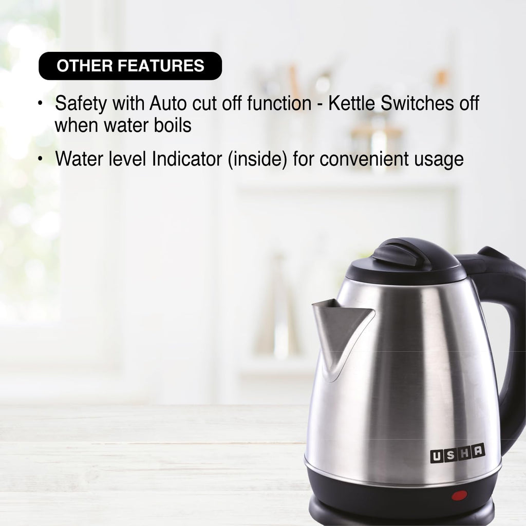 Usha Electric Kettle 1200 Watts | 1.5 Litres| Cool touch handle | Wider Mouth | Food-grade stainless steel | Safety with auto cut-off function (Silver & Black)