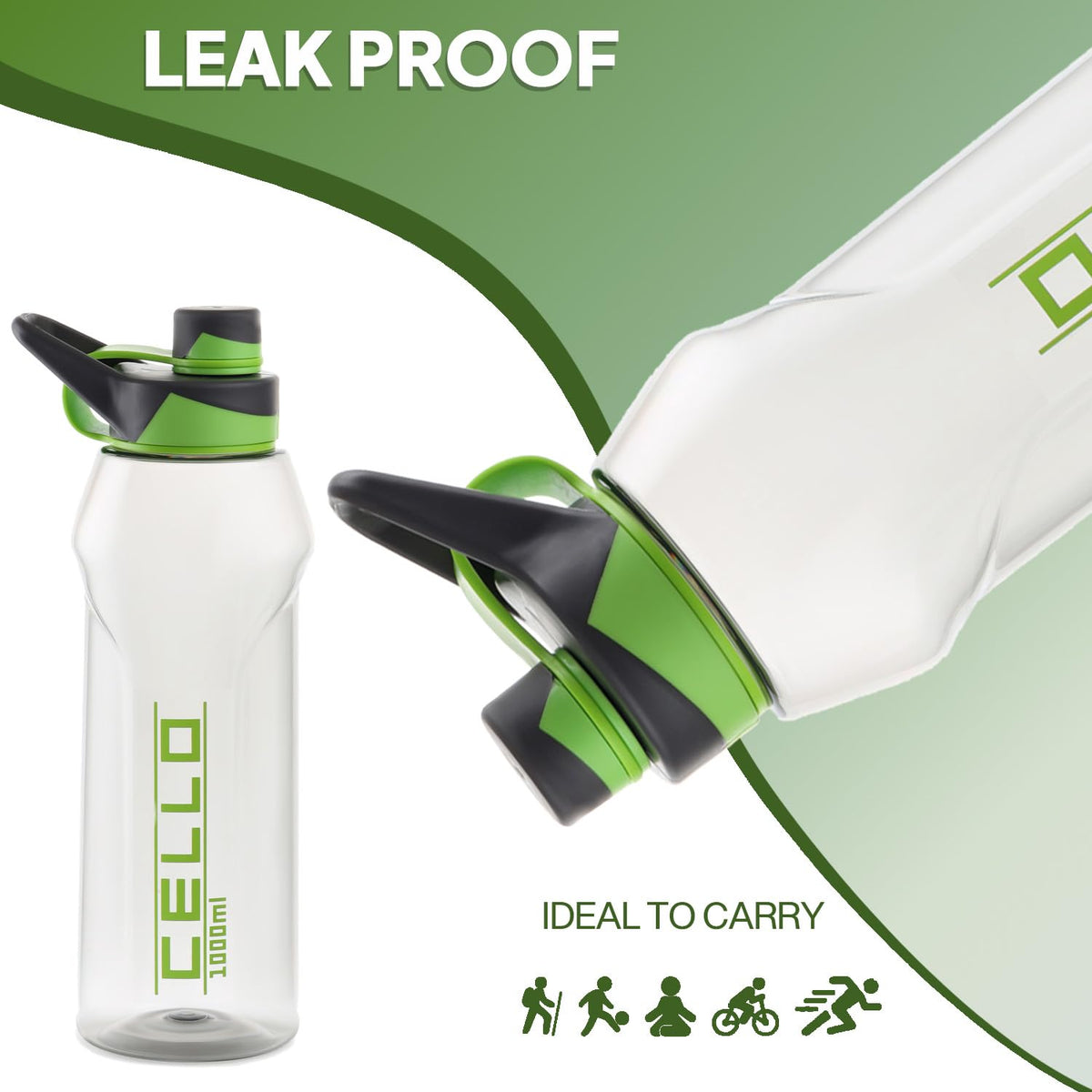 CELLO Fitbe Flip Cap Water Bottle For Daily Use 1000 ml, Black Green | BPA Free, Reusable & Unbreakable Leakproof Lightweight Easy to Carry with Handle PET Water Bottle For Gym Office Indoor & Outdoor