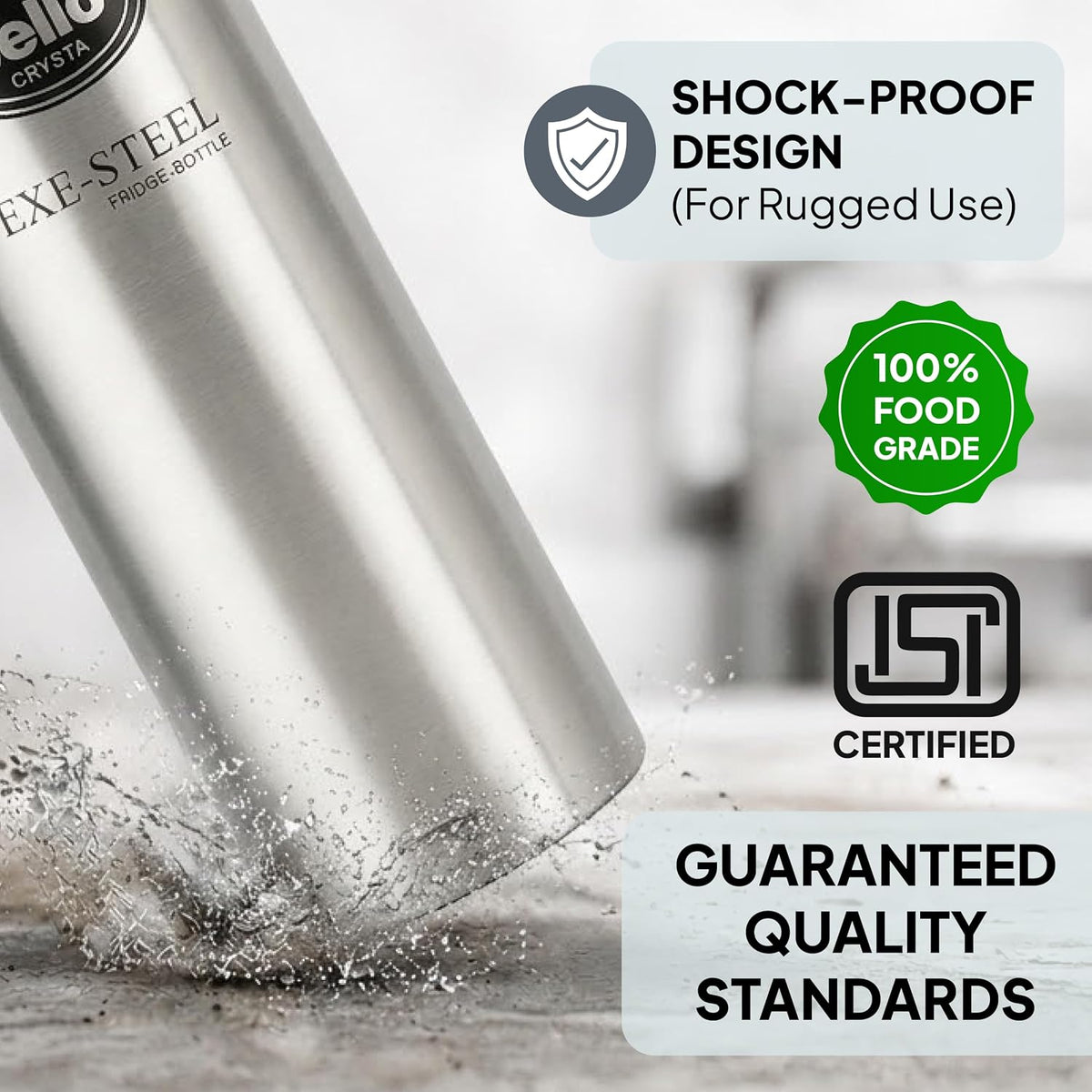 CELLO Crysta Stainless Steel Water Bottle for Daily Use Set of 2 Pcs Silver, 1000 ml | Single Wall, Rustproof & Leakproof, Fridge Safe | Stainless Steel Water Bottle for Kids, Office, Travel, Picnic