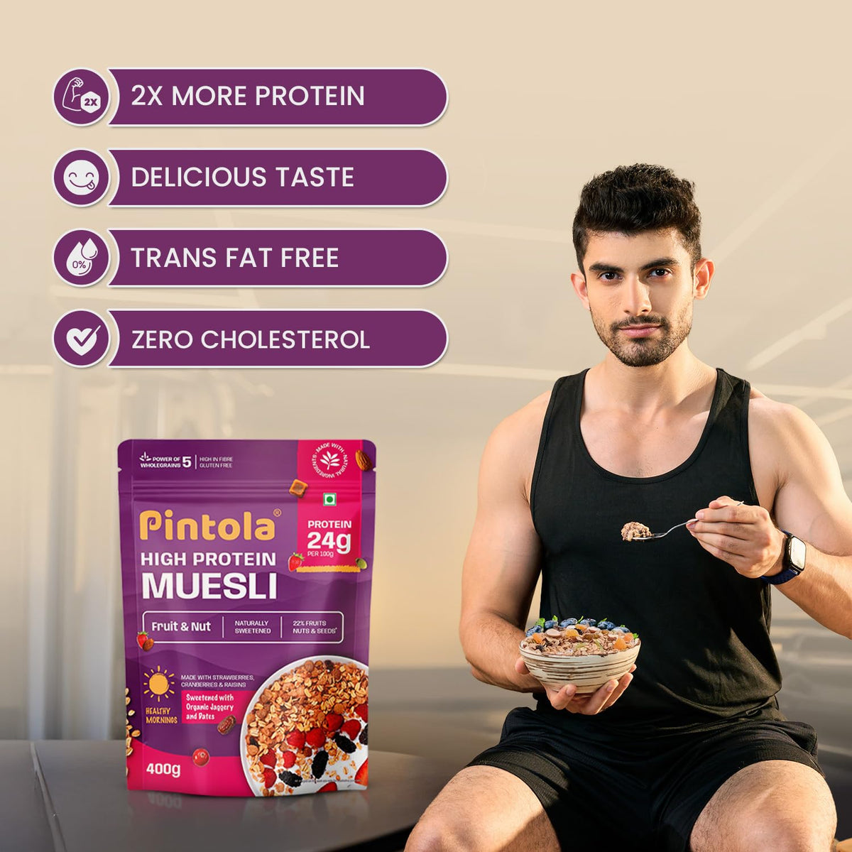 Pintola 25g High Protein Muesli, Fruit & Nut, 400g | Gluten-Free, Naturally Sweetened with Organic Jaggery & Dates, 22% Fruits, Nuts & Seeds, No Refined Sugar, Healthy Breakfast Cereal (Pack of 3)