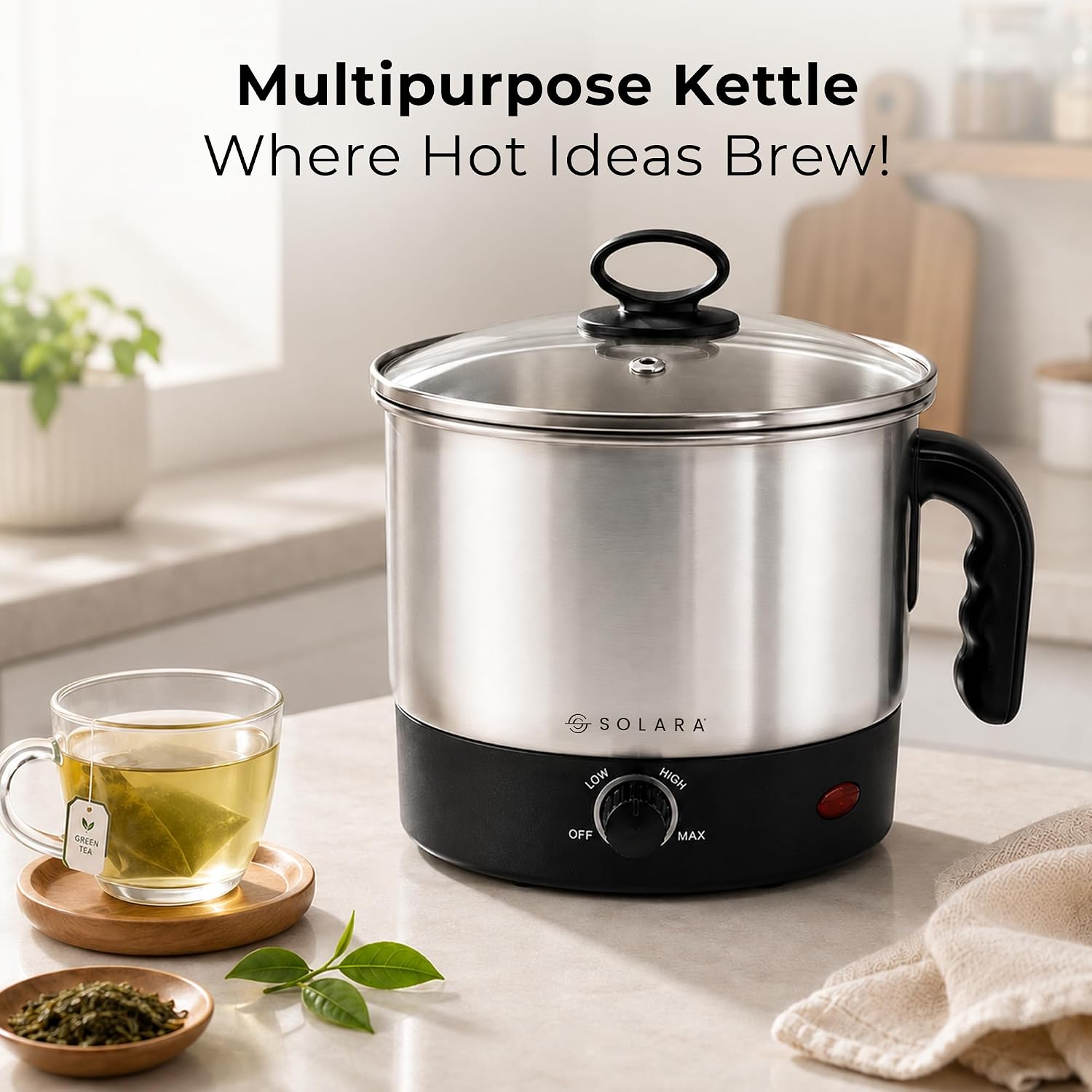 SOLARA Electric Kettle Multipurpose 1.5 Litre, 600 Watts, Stainless Steel Body with Glass Lid, 3 Boiling Modes, for Hot Water, Milk, Tea, Coffee, Cooking Oats, Noodles, Soup, Egg Boiler Machine-Black