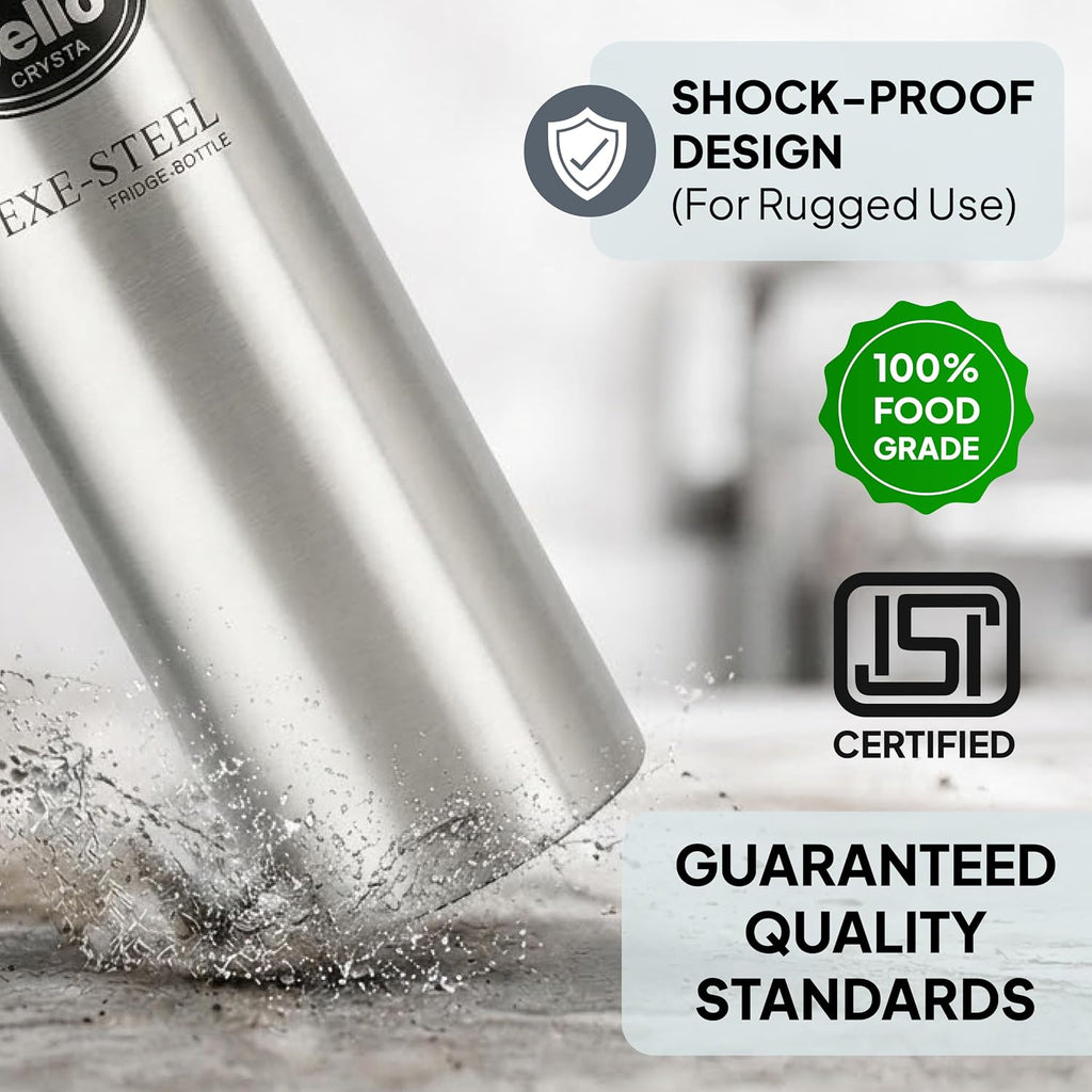 CELLO Crysta Stainless Steel Water Bottle for Daily Use Set of 3 Pcs Silver, 1000 ml | Single Wall, Rustproof & Leakproof, Fridge Safe | Stainless Steel Water Bottle for Kids, Office, Travel, Picnic