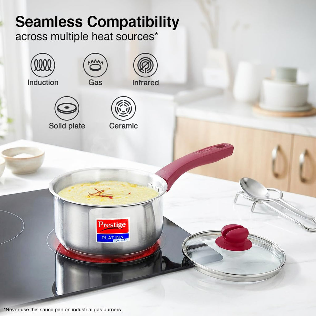 Prestige Platina Popular Stainless Steel Gas and Induction Compatible Sauce Pan with Glass Lid, 180 mm
