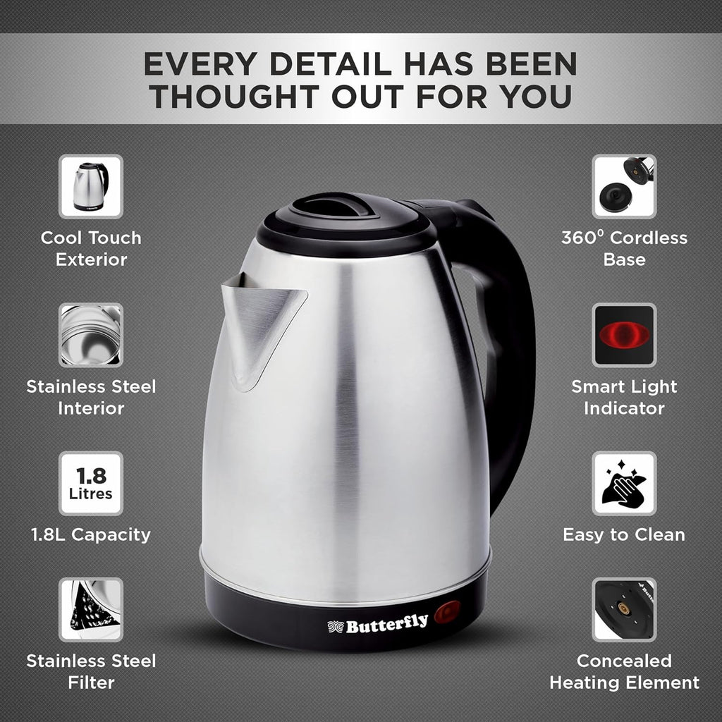 ButterPro fly Evo 1.8L Electric Kettle | 1350 W | 360 degree Swivel Power Base | Auto Shut Off | For Hot Water, Tea, Coffee, Noodles | Dry Boil Protection
