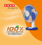 USHA Striker Plus Table Fan | 400mm Sweep | 2100 RPM High-Speed Air Delivery | 100% Copper Motor |Jerk-Free Uniform Oscillation |Aerodynamic Blade Design |Anti-Rust Protection | 2-Year Warranty |Blue