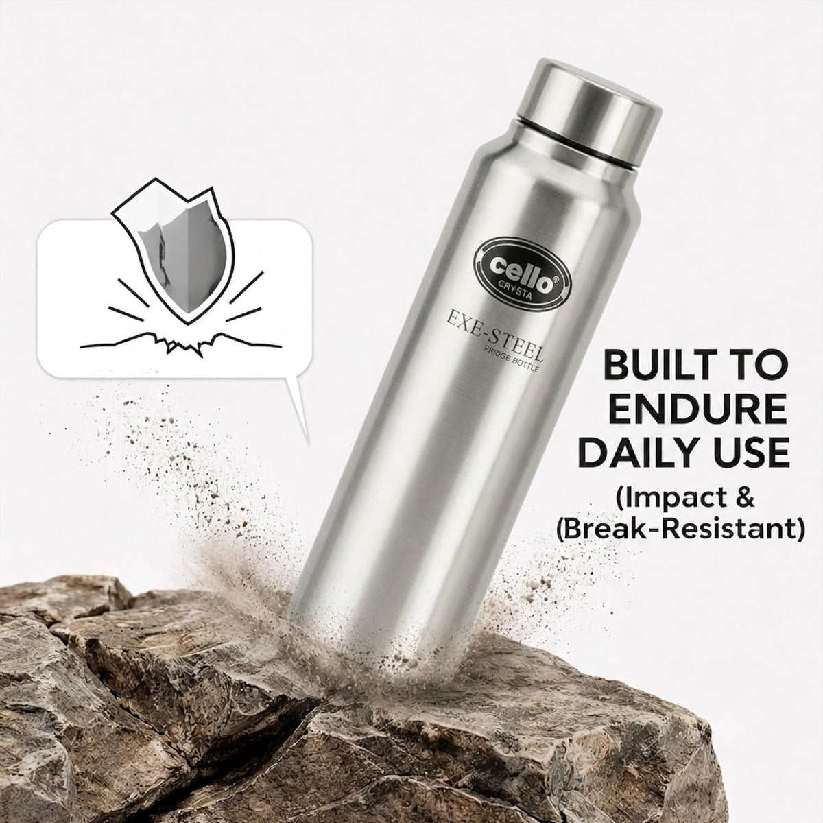 CELLO Crysta Stainless Steel Water Bottle for Daily Use Set of 3 Pcs Silver, 1000 ml | Single Wall, Rustproof & Leakproof, Fridge Safe | Stainless Steel Water Bottle for Kids, Office, Travel, Picnic