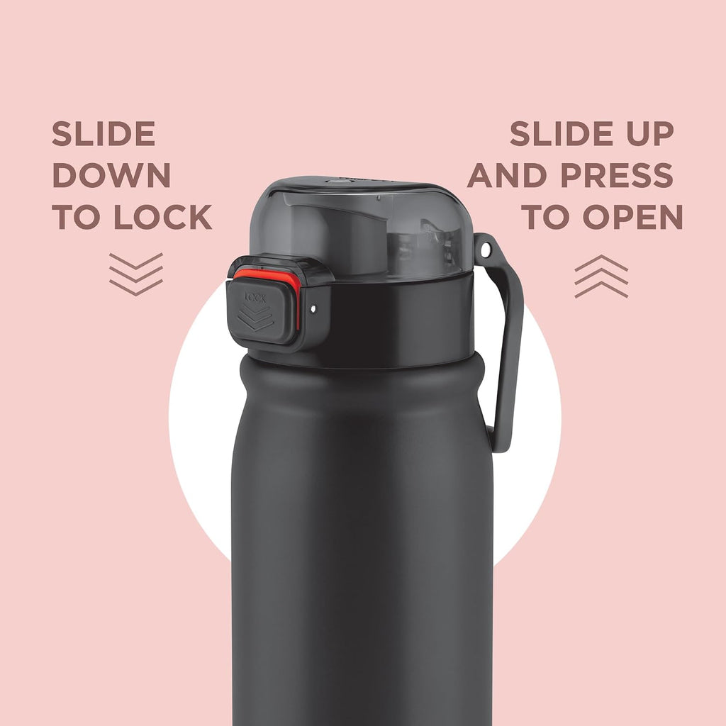 MILTON Reva 1000 ISI Certified Stainless Steel Water Bottle with Twin Lid Sip or Gulp, 1 Litre | Single Wall, BPA-Free, Leakproof | Sturdy Handle | Ideal for Home, Office, Gym & Travel, Black