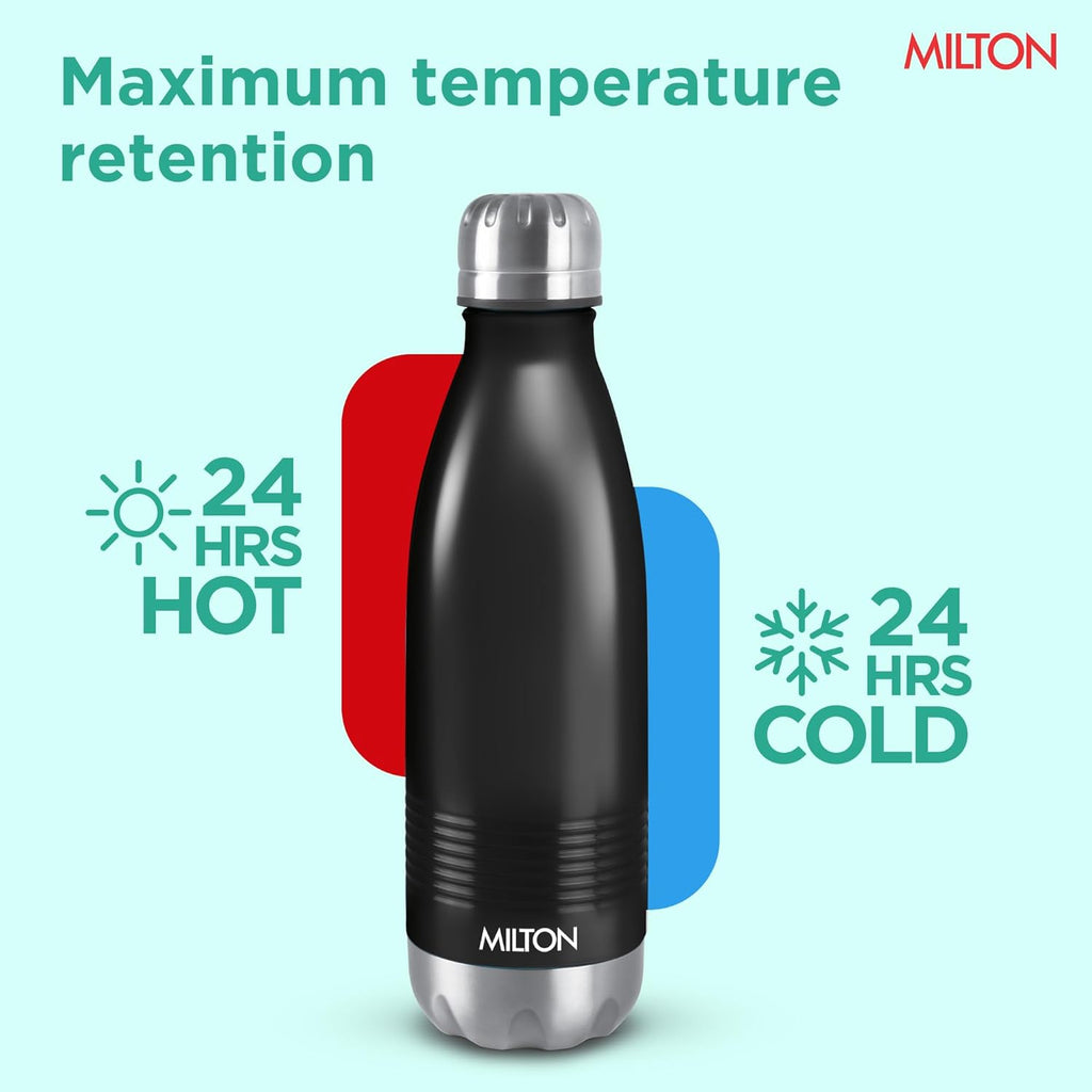 Milton Duo DLX 1000 Thermosteel Bottle, 1000 ml Water Bottles, 24 Hours Hot and Cold, Easy to Carry, Easy Grip, Rust Proof, Tea, Coffee, Office, Travel Bottle, Matt Black