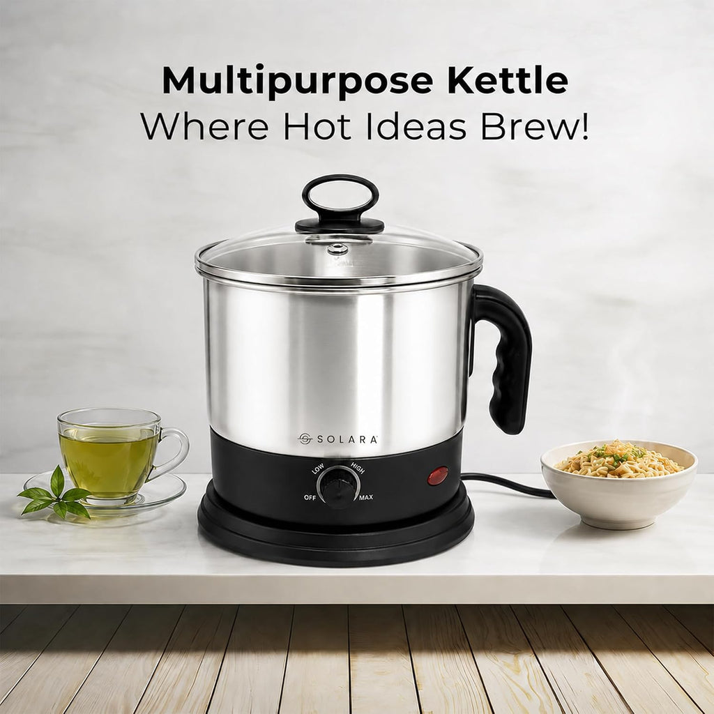 SOLARA Electric Kettle Multipurpose 1.5 Litre, 600 Watts, Stainless Steel Body with Glass Lid, 3 Boiling Modes, for Hot Water, Milk, Tea, Coffee, Cooking Oats, Noodles, Soup, Egg Boiler Machine-Black