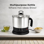 SOLARA Electric Kettle Multipurpose 1.5 Litre, 600 Watts, Stainless Steel Body with Glass Lid, 3 Boiling Modes, for Hot Water, Milk, Tea, Coffee, Cooking Oats, Noodles, Soup, Egg Boiler Machine-Black