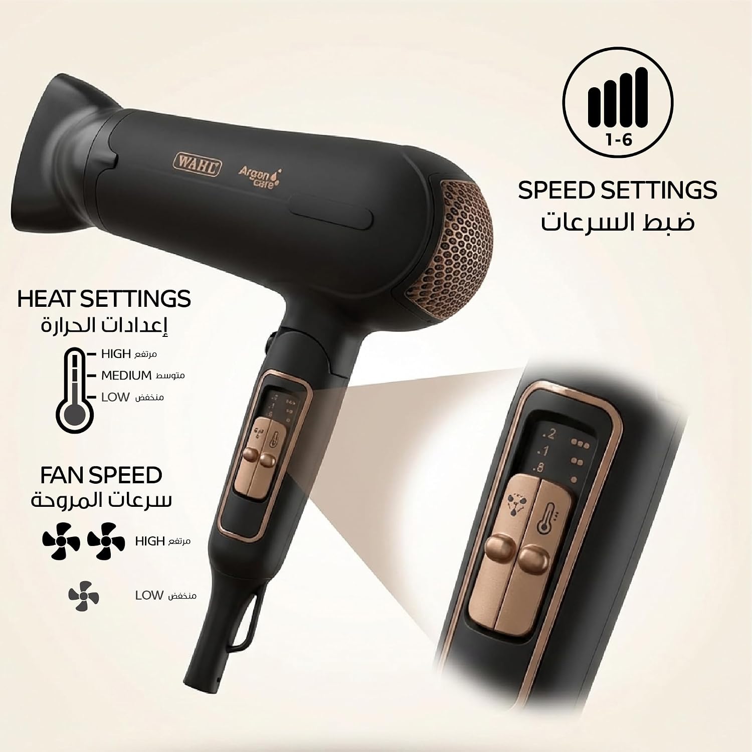 Wahl India WCHD8-1324 Argan Oil Infused Hair Dryer; 3 Heat & 2 Speed Settings; 2200 Watts, 2 attachments- Concentrator and diffuser, Black