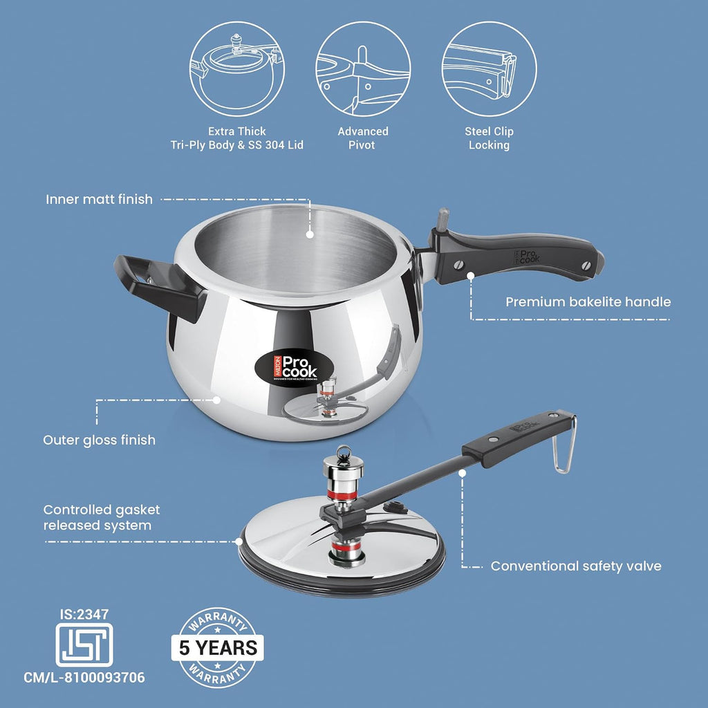 Milton Pro Cook Induction Cookware & Gas Stove Friendly Triply Stainless Steel Curve Pressure Cooker with Inner Lid 5 Litre | Gasket Release System | Hot Plate & Flame Safe | 5 Year Warranty | Silver
