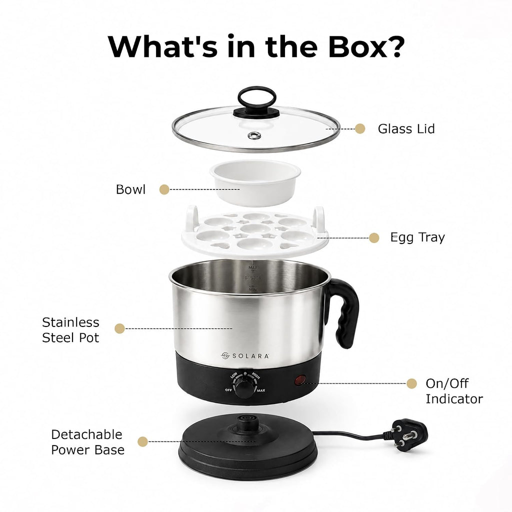 SOLARA Electric Kettle Multipurpose 1.5 Litre, 600 Watts, Stainless Steel Body with Glass Lid, 3 Boiling Modes, for Hot Water, Milk, Tea, Coffee, Cooking Oats, Noodles, Soup, Egg Boiler Machine-Black