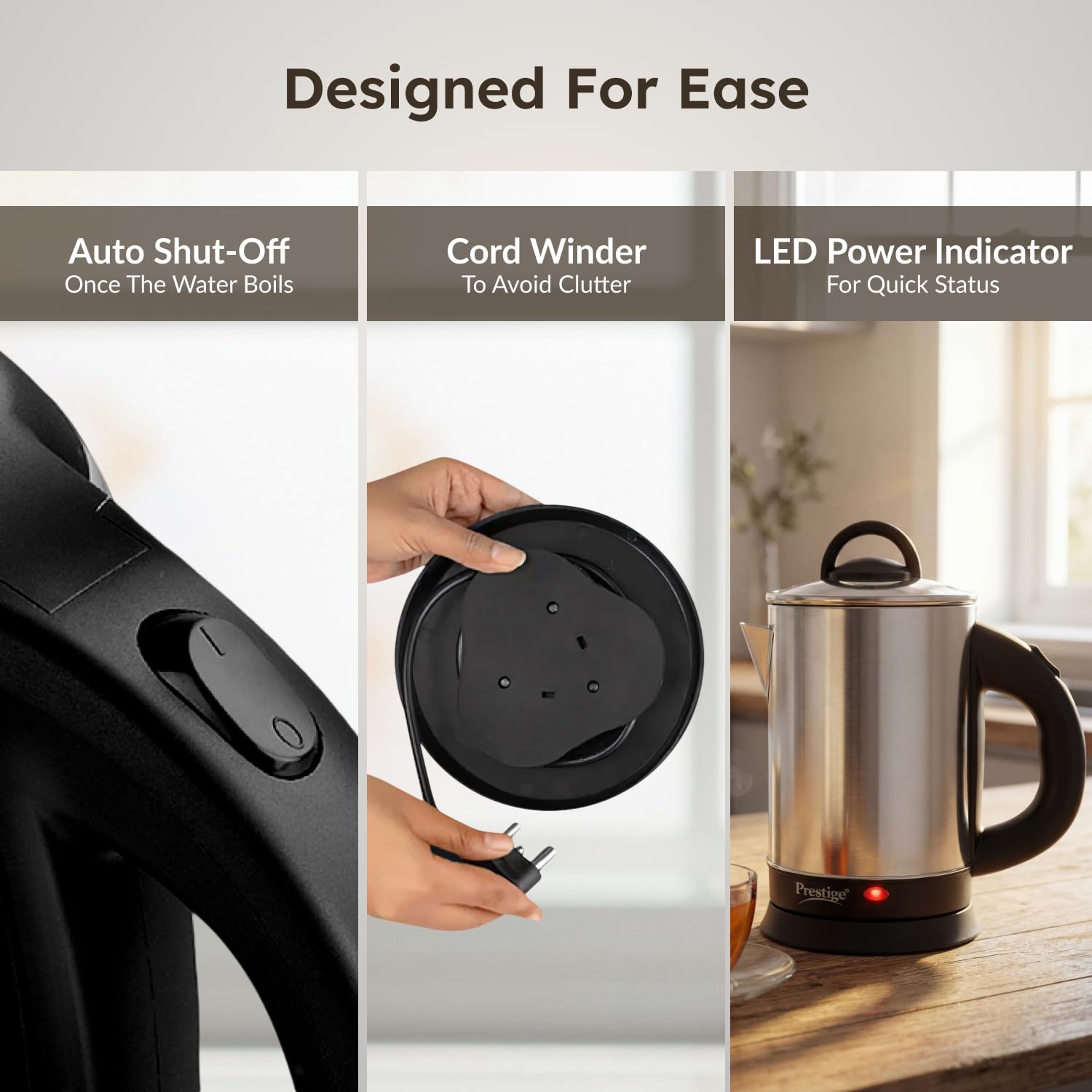 Prestige 1.7L PKGSS Stainless Steel Electric Kettle | 1350 Watts | Glass Lid with heat resistent handle | Single Touch lid locking |Automatic Cut Off | Silver
