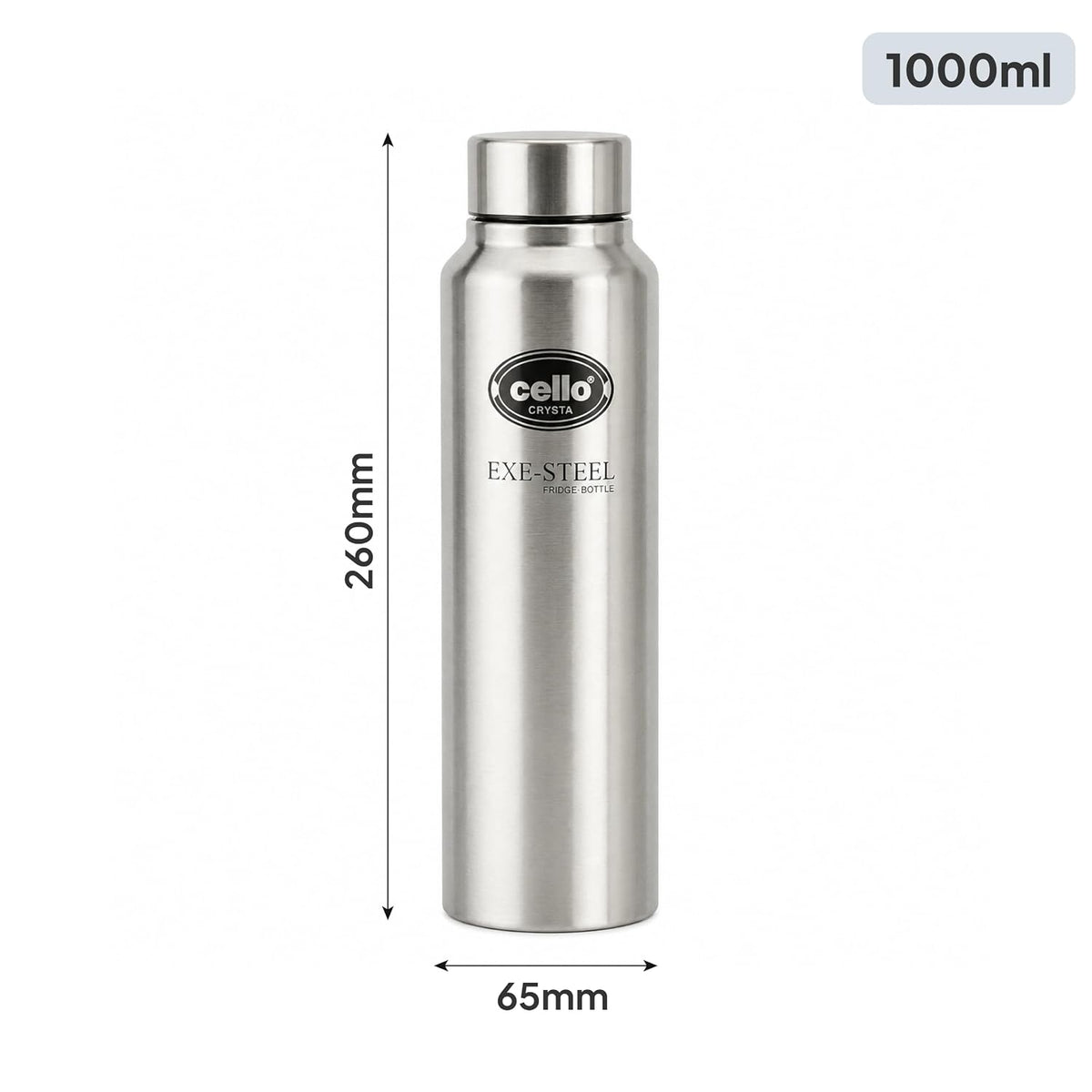 CELLO Crysta Stainless Steel Water Bottle for Daily Use Set of 2 Pcs Silver, 1000 ml | Single Wall, Rustproof & Leakproof, Fridge Safe | Stainless Steel Water Bottle for Kids, Office, Travel, Picnic