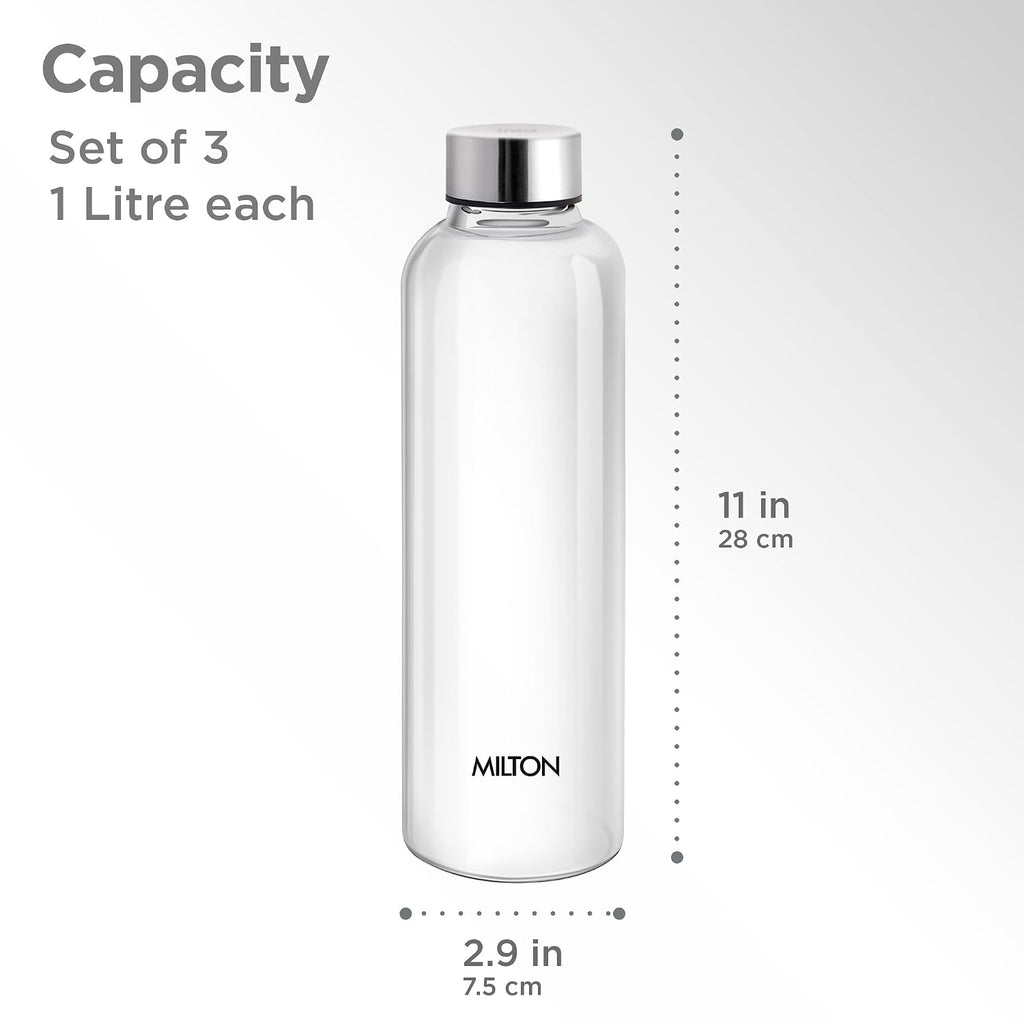 MILTON Costa 1000 Pet water bottle 1 ltr each with Stainless Steel Lid, Leak proof, BPA Free, Reusable Water bottle for fridge, Office, School, set of 3