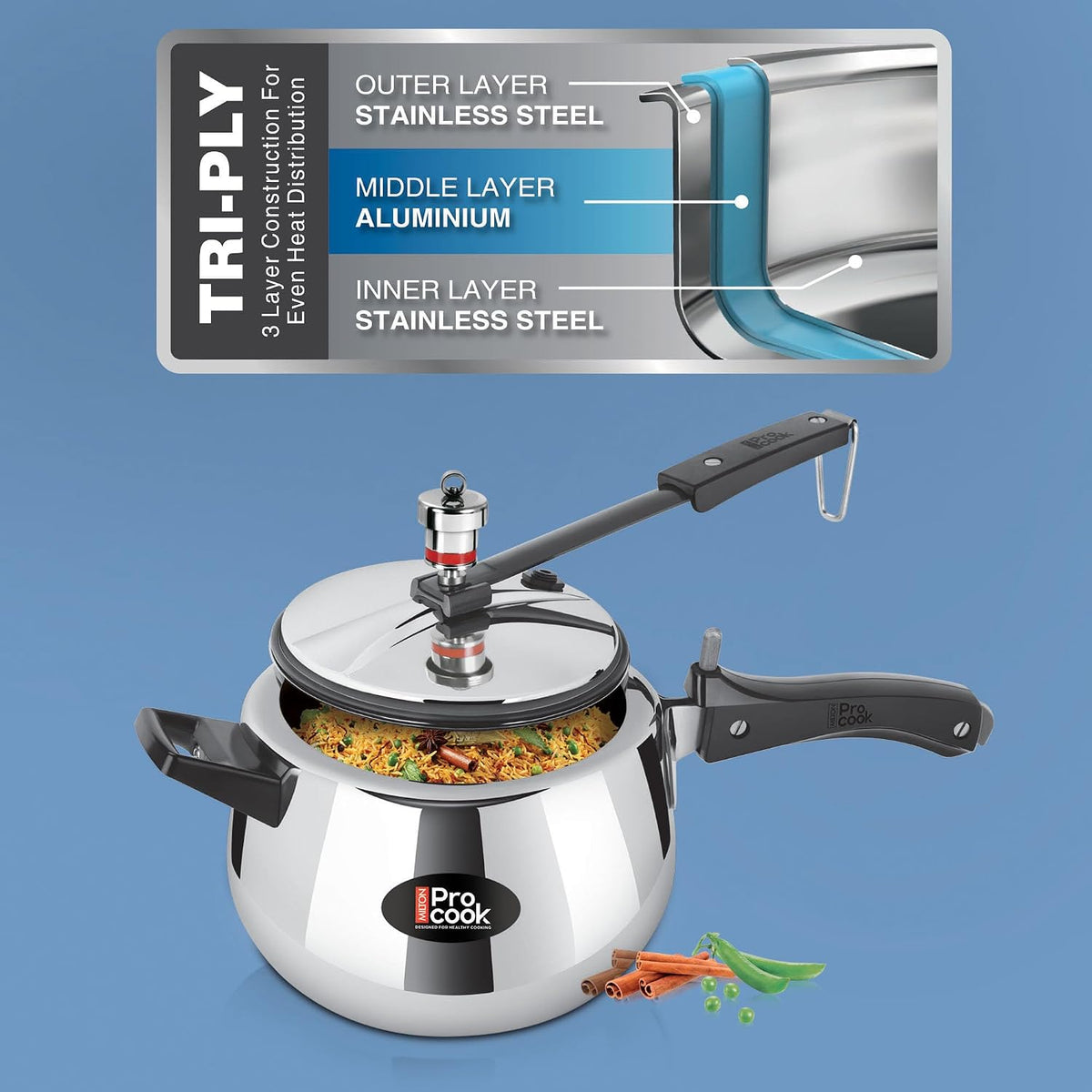 Milton Pro Cook Induction Cookware & Gas Stove Friendly Triply Stainless Steel Curve Pressure Cooker with Inner Lid 5 Litre | Gasket Release System | Hot Plate & Flame Safe | 5 Year Warranty | Silver