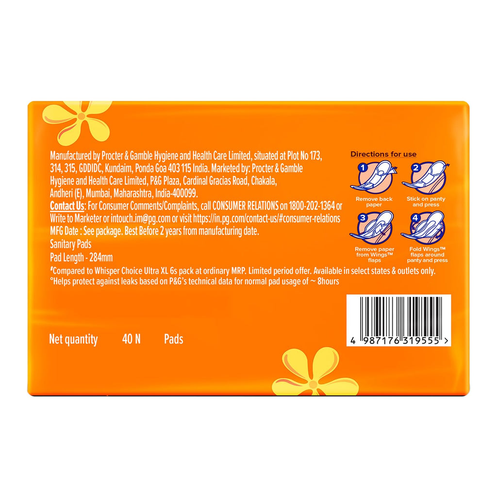 Whisper Choice Sanitary Pads with Wings for Women, XL, 40s Napkins