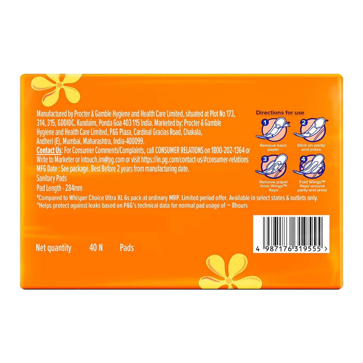 Whisper Choice Sanitary Pads with Wings for Women, XL, 40s Napkins