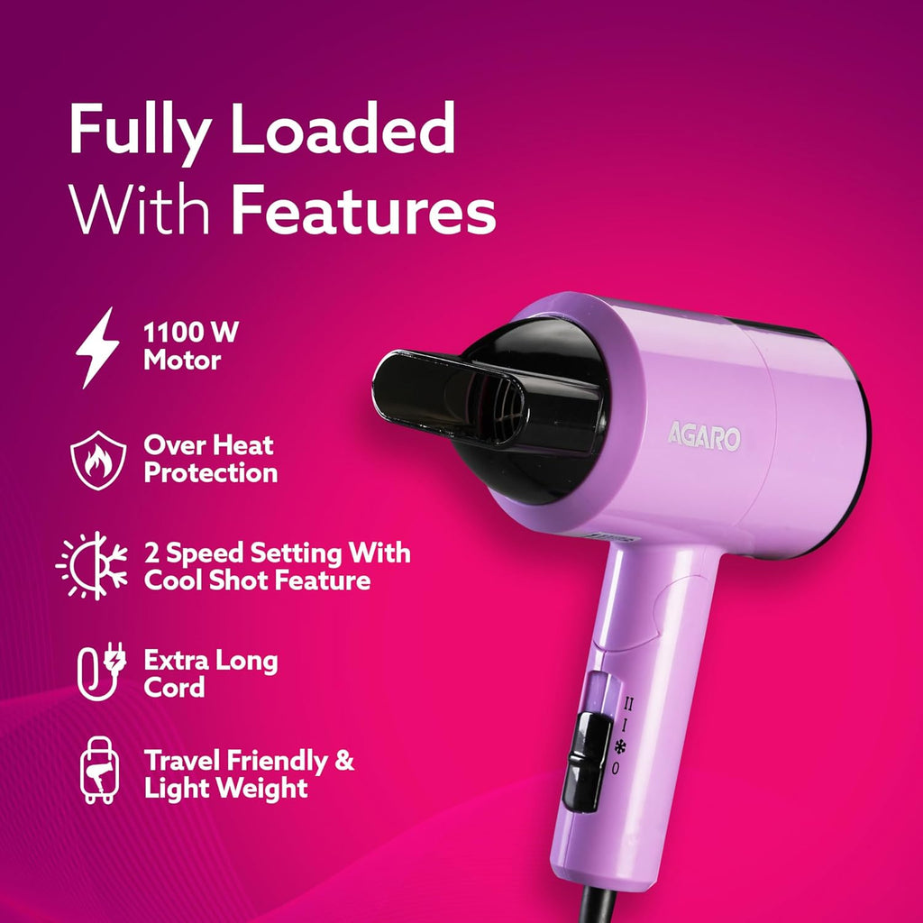 AGARO Premium Hair Dryer with 1400 Watts Motor, 3 Temperature Settings & Cool Shot Button- Black HD-1214