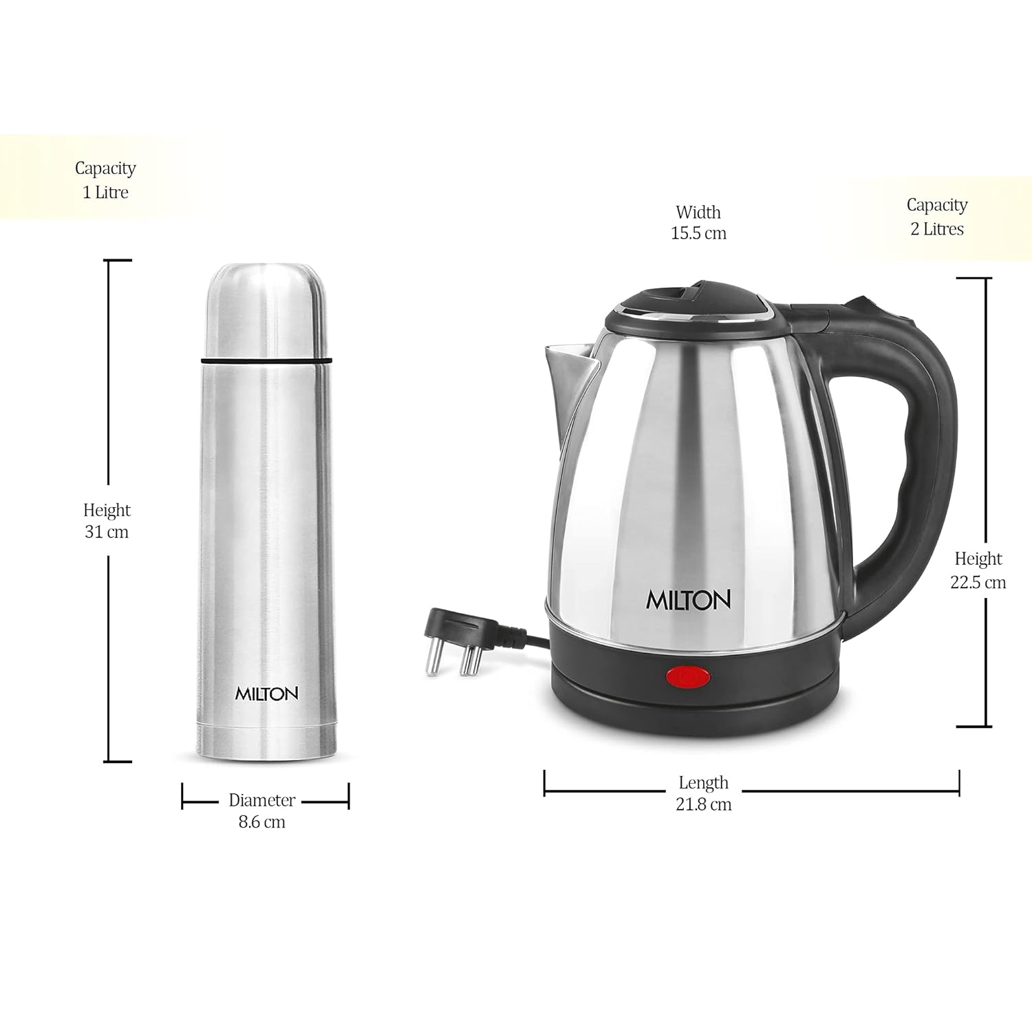 Milton Go Electro Stainless Steel Electric Kettle 2000+Flip Lid 1000 Thermosteel Bottle,Super Fast Boiling with 3X Protection Kettle-Overheat, Dry Boil Protection, Leak Proof, Vacuum Insulated, Silver