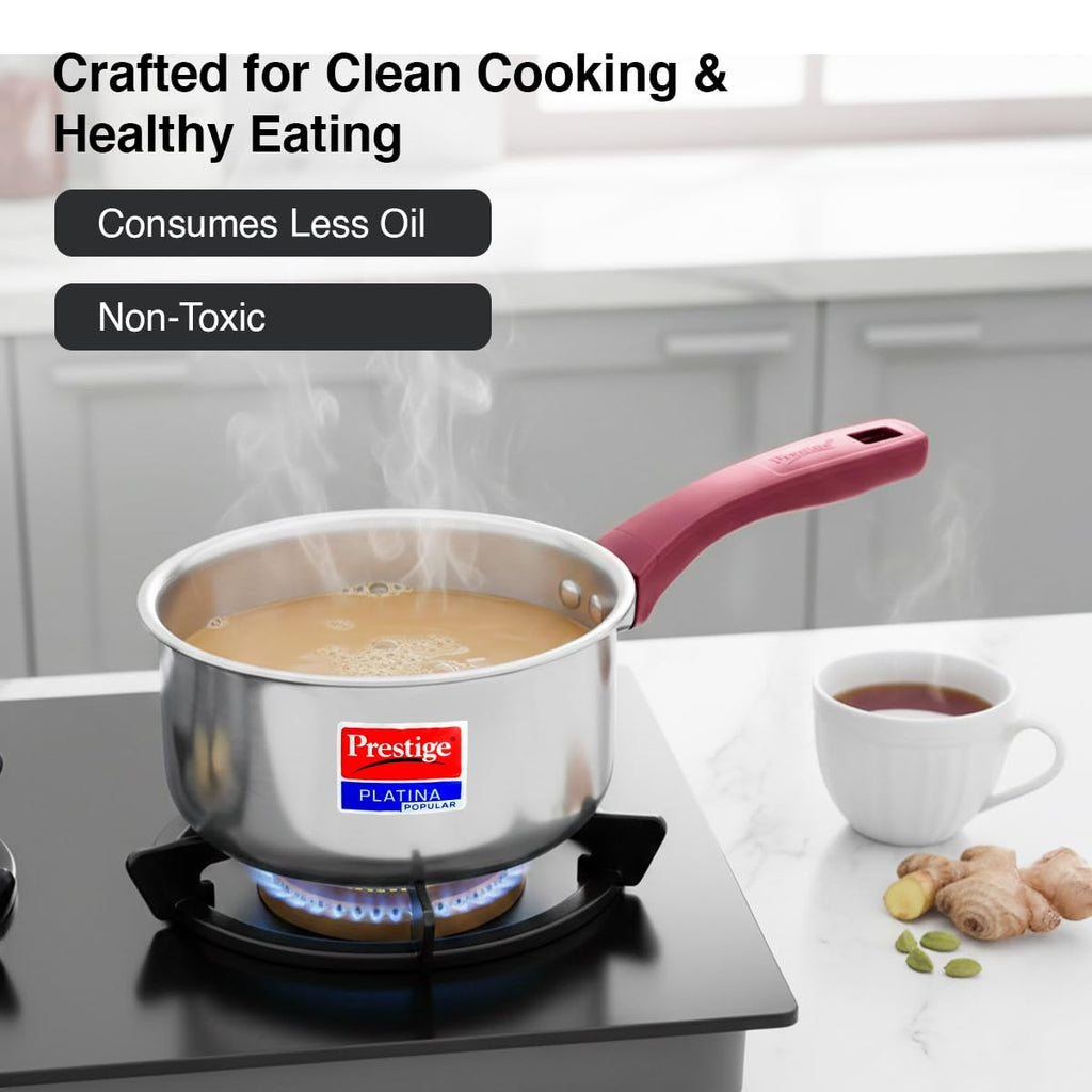 Prestige Platina Popular Stainless Steel Gas and Induction Compatible Sauce Pan with Glass Lid, 180 mm