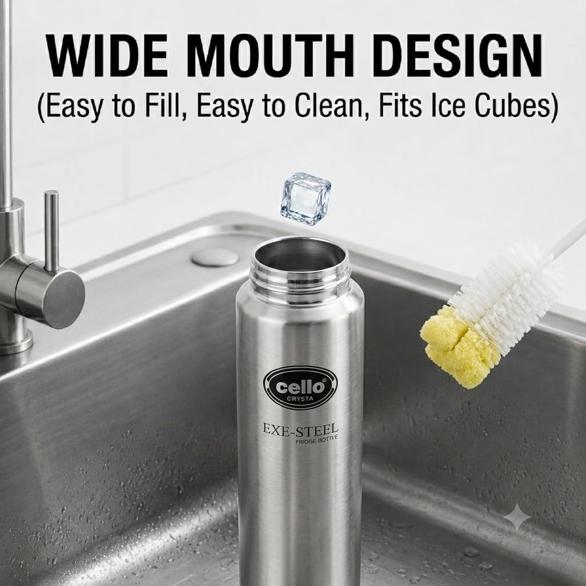 CELLO Crysta Stainless Steel Water Bottle for Daily Use Set of 2 Pcs Silver, 1000 ml | Single Wall, Rustproof & Leakproof, Fridge Safe | Stainless Steel Water Bottle for Kids, Office, Travel, Picnic