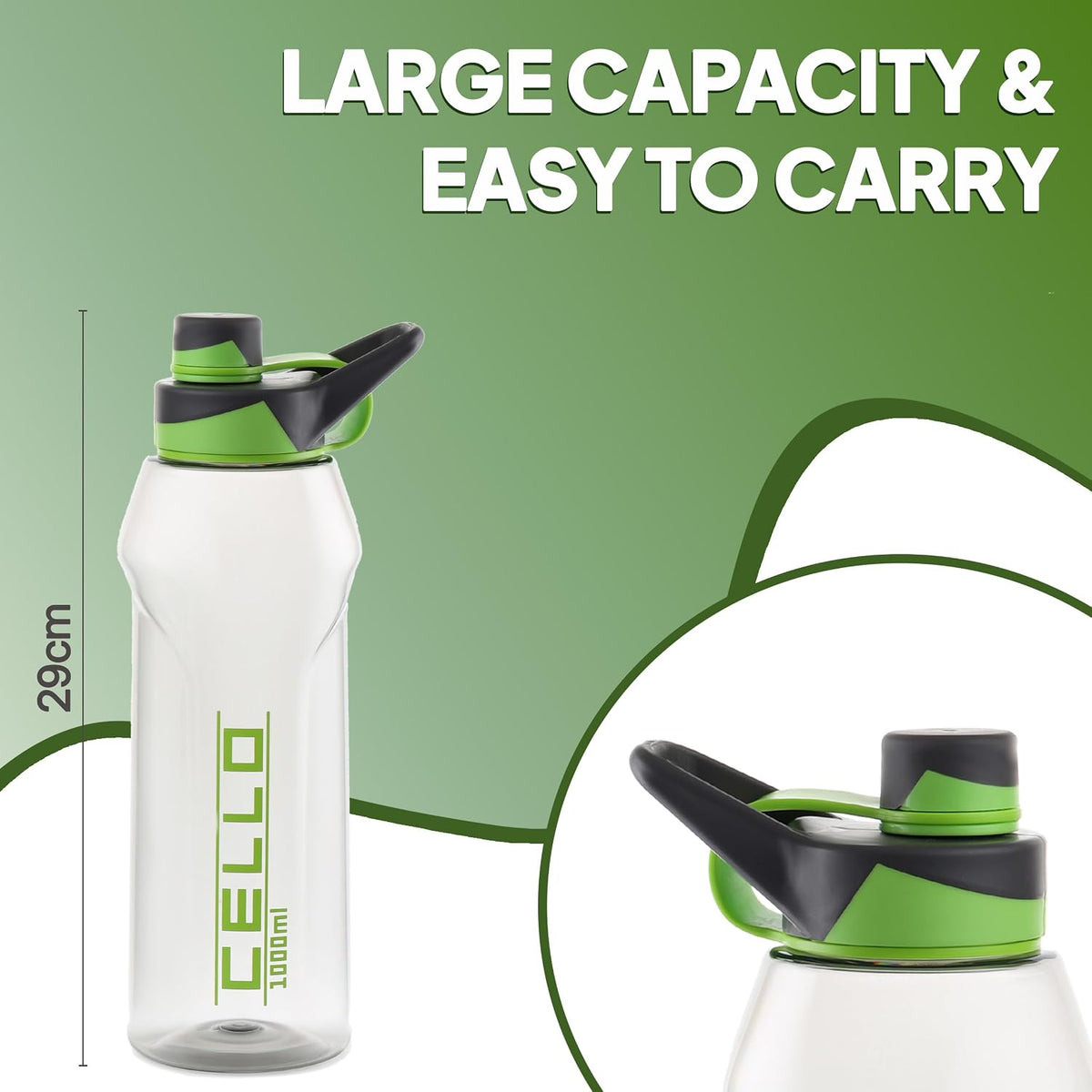 CELLO Fitbe Flip Cap Water Bottle For Daily Use 1000 ml, Black Green | BPA Free, Reusable & Unbreakable Leakproof Lightweight Easy to Carry with Handle PET Water Bottle For Gym Office Indoor & Outdoor