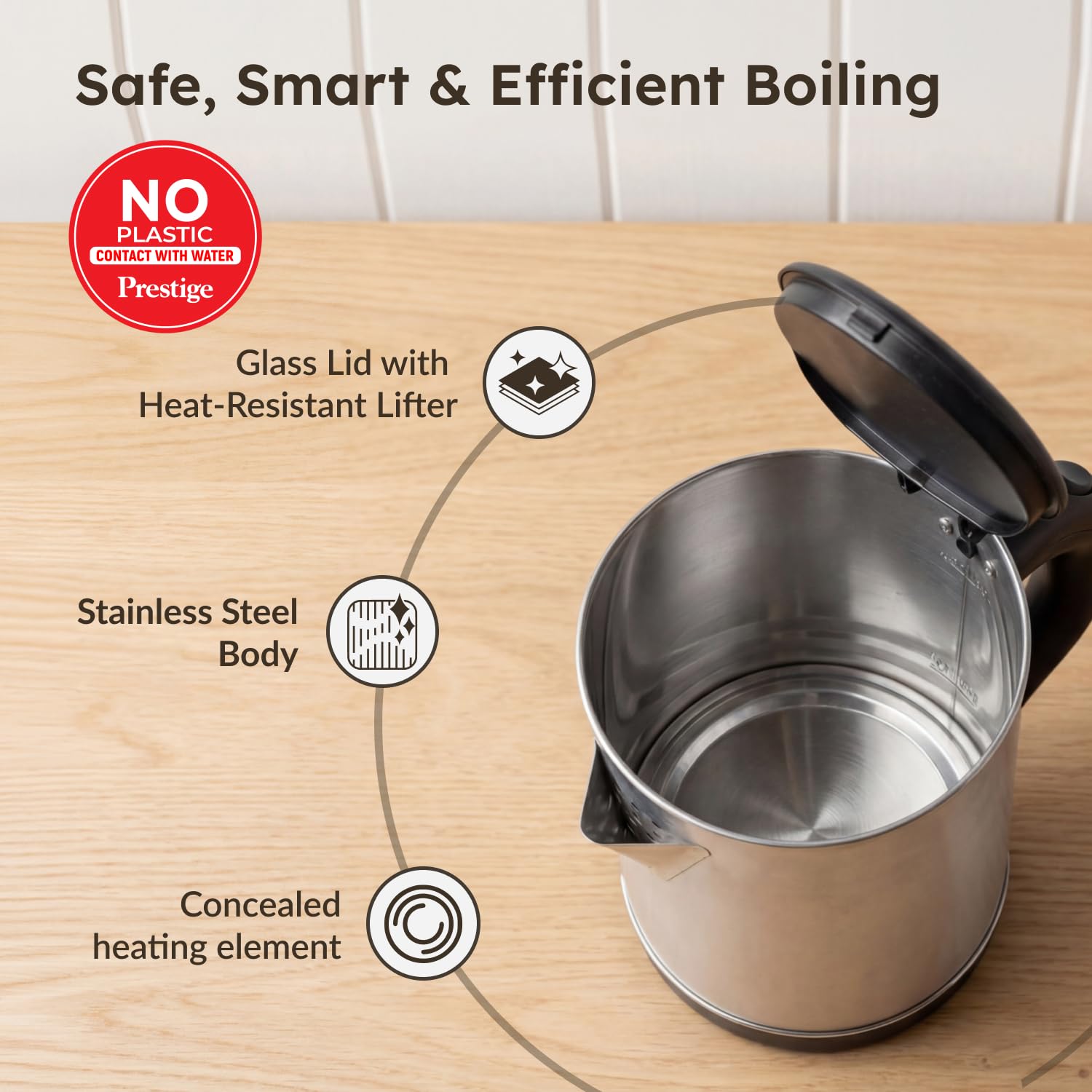 Prestige 1.7L PKGSS Stainless Steel Electric Kettle | 1350 Watts | Glass Lid with heat resistent handle | Single Touch lid locking |Automatic Cut Off | Silver