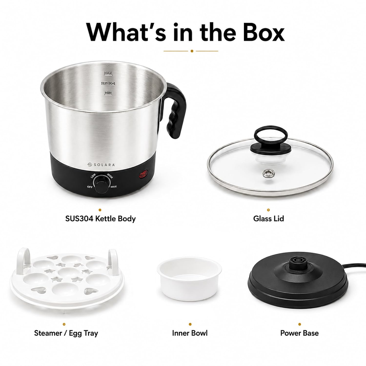 SOLARA Electric Kettle Multipurpose 1.5 Litre, 600 Watts, Stainless Steel Body with Glass Lid, 3 Boiling Modes, for Hot Water, Milk, Tea, Coffee, Cooking Oats, Noodles, Soup, Egg Boiler Machine-Black