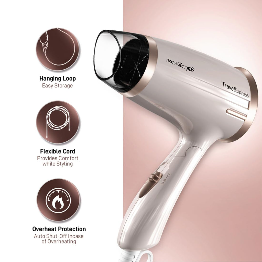 Ikonic Travel Express Foldable Hair Dryer Adustable Two Speed Setting Fast Drying 1400Watt, Compact Design Travel Friendly, All Hair Type, For Men & Women, White