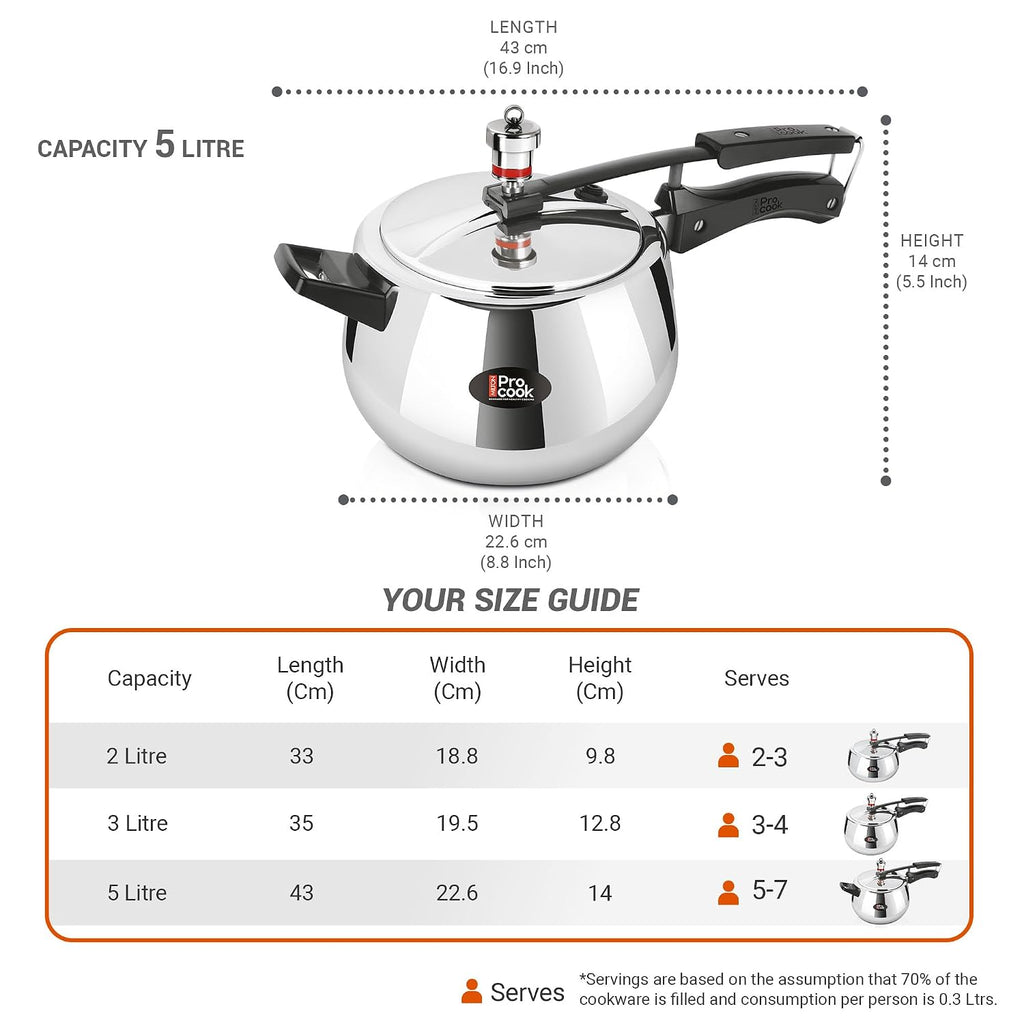 Milton Pro Cook Induction Cookware & Gas Stove Friendly Triply Stainless Steel Curve Pressure Cooker with Inner Lid 5 Litre | Gasket Release System | Hot Plate & Flame Safe | 5 Year Warranty | Silver