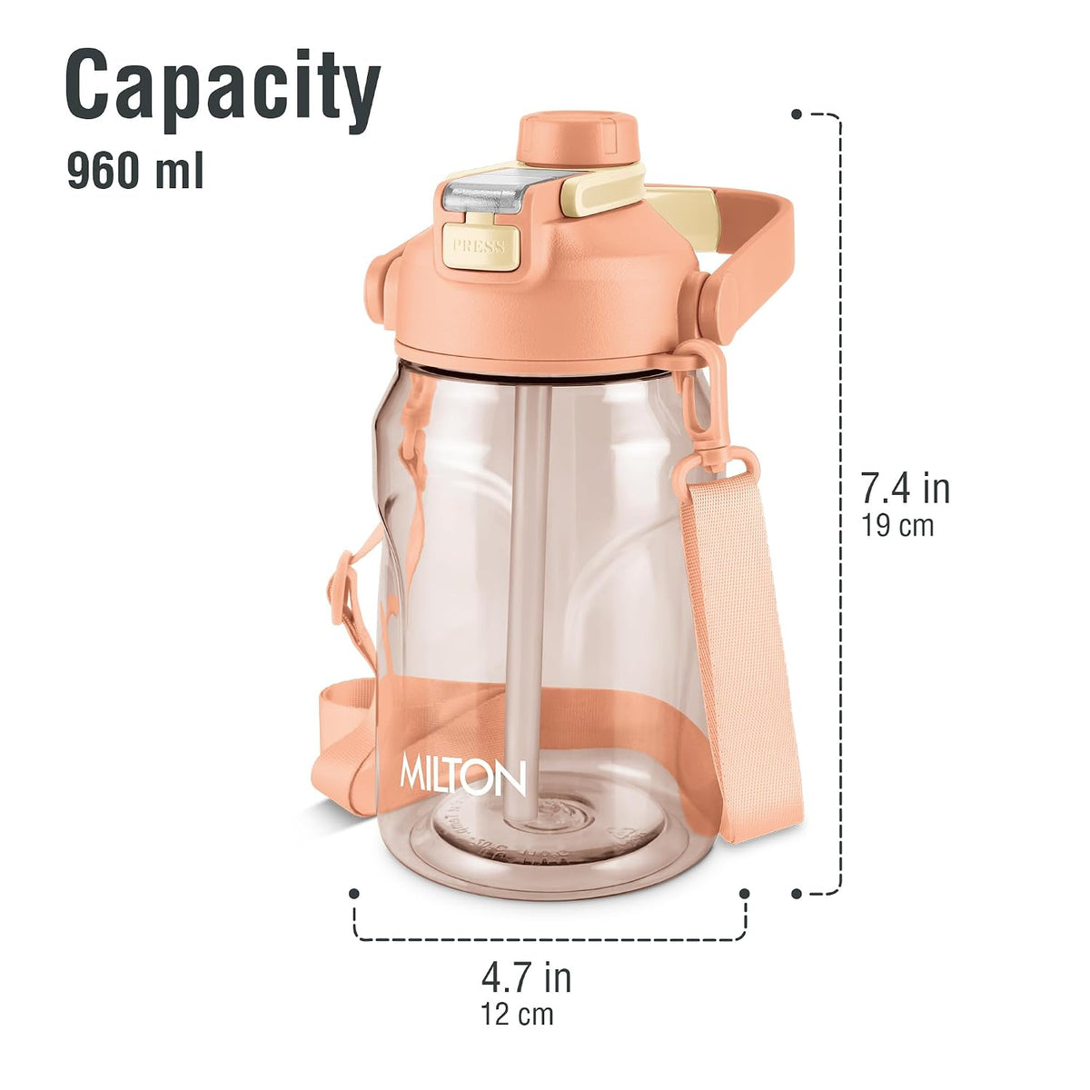 MILTON Eros 1000, 2-in-1 Sip or Gulp Lid Water Bottle 960ml | Unbreakable - Crystal Clear Plastic | Leak-Proof & BPA-Free, One-Click Open | Ideal for School, Office, Gym & Travel Use, Peach