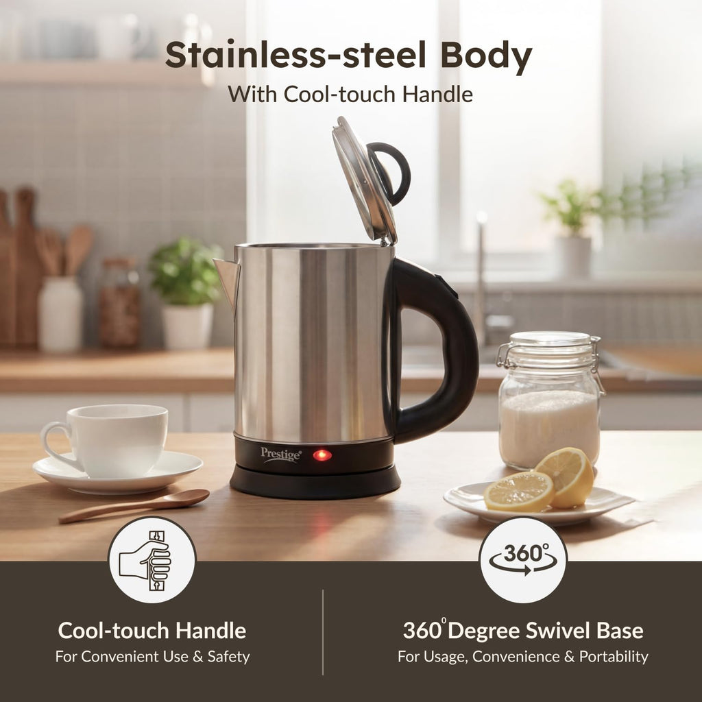 Prestige 1.7L PKGSS Stainless Steel Electric Kettle | 1350 Watts | Glass Lid with heat resistent handle | Single Touch lid locking |Automatic Cut Off | Silver