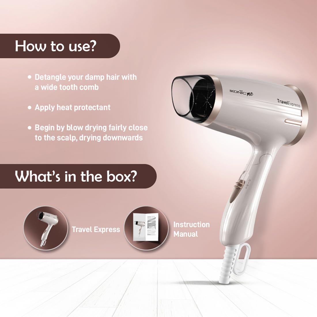 Ikonic Travel Express Foldable Hair Dryer Adustable Two Speed Setting Fast Drying 1400Watt, Compact Design Travel Friendly, All Hair Type, For Men & Women, White