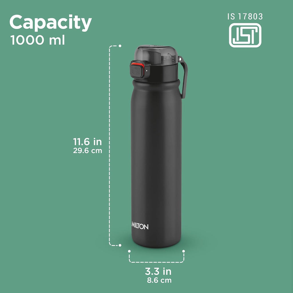 MILTON Reva 1000 ISI Certified Stainless Steel Water Bottle with Twin Lid Sip or Gulp, 1 Litre | Single Wall, BPA-Free, Leakproof | Sturdy Handle | Ideal for Home, Office, Gym & Travel, Black