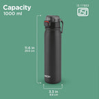 MILTON Reva 1000 ISI Certified Stainless Steel Water Bottle with Twin Lid Sip or Gulp, 1 Litre | Single Wall, BPA-Free, Leakproof | Sturdy Handle | Ideal for Home, Office, Gym & Travel, Black