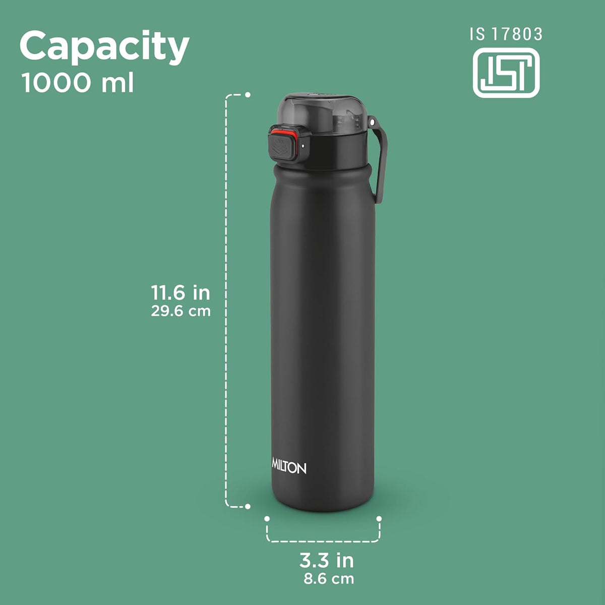 MILTON Reva 1000 ISI Certified Stainless Steel Water Bottle with Twin Lid Sip or Gulp, 1 Litre | Single Wall, BPA-Free, Leakproof | Sturdy Handle | Ideal for Home, Office, Gym & Travel, Black