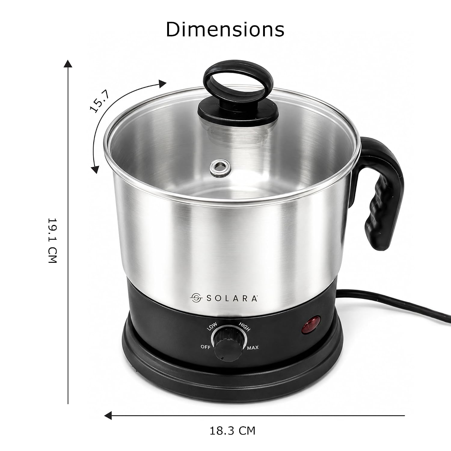 SOLARA Electric Kettle Multipurpose 1.5 Litre, 600 Watts, Stainless Steel Body with Glass Lid, 3 Boiling Modes, for Hot Water, Milk, Tea, Coffee, Cooking Oats, Noodles, Soup, Egg Boiler Machine-Black