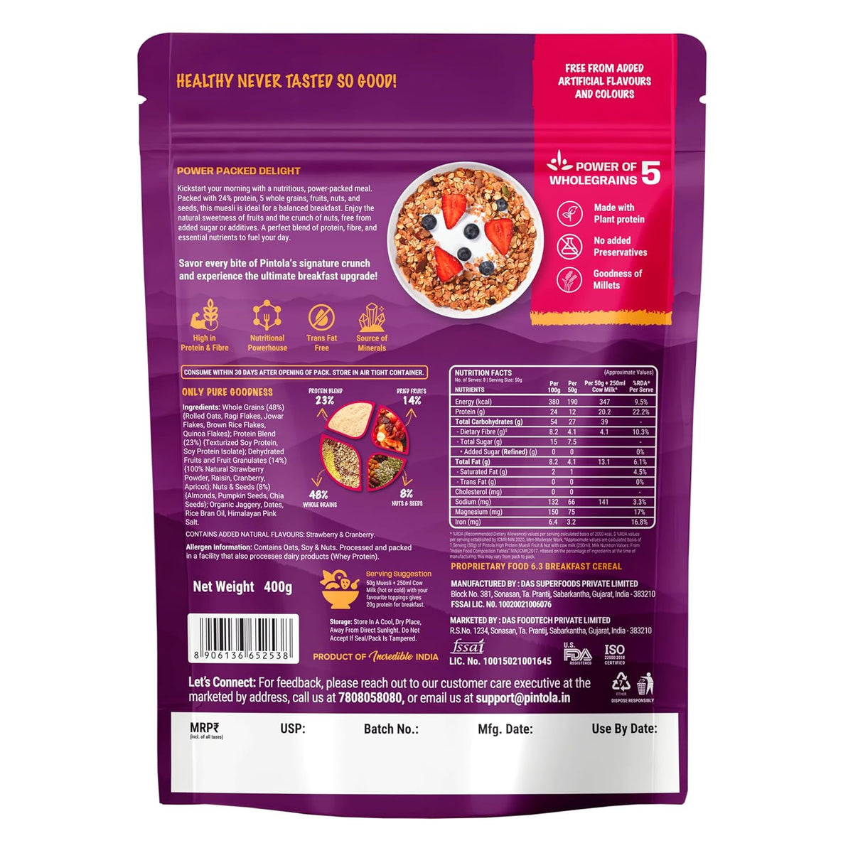 Pintola 25g High Protein Muesli, Fruit & Nut, 400g | Gluten-Free, Naturally Sweetened with Organic Jaggery & Dates, 22% Fruits, Nuts & Seeds, No Refined Sugar, Healthy Breakfast Cereal (Pack of 3)