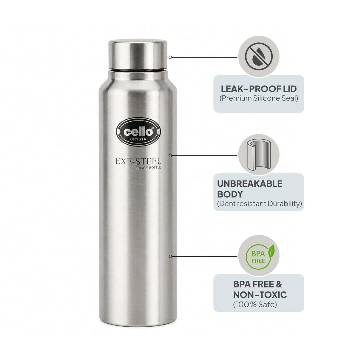 CELLO Crysta Stainless Steel Water Bottle for Daily Use Set of 2 Pcs Silver, 1000 ml | Single Wall, Rustproof & Leakproof, Fridge Safe | Stainless Steel Water Bottle for Kids, Office, Travel, Picnic