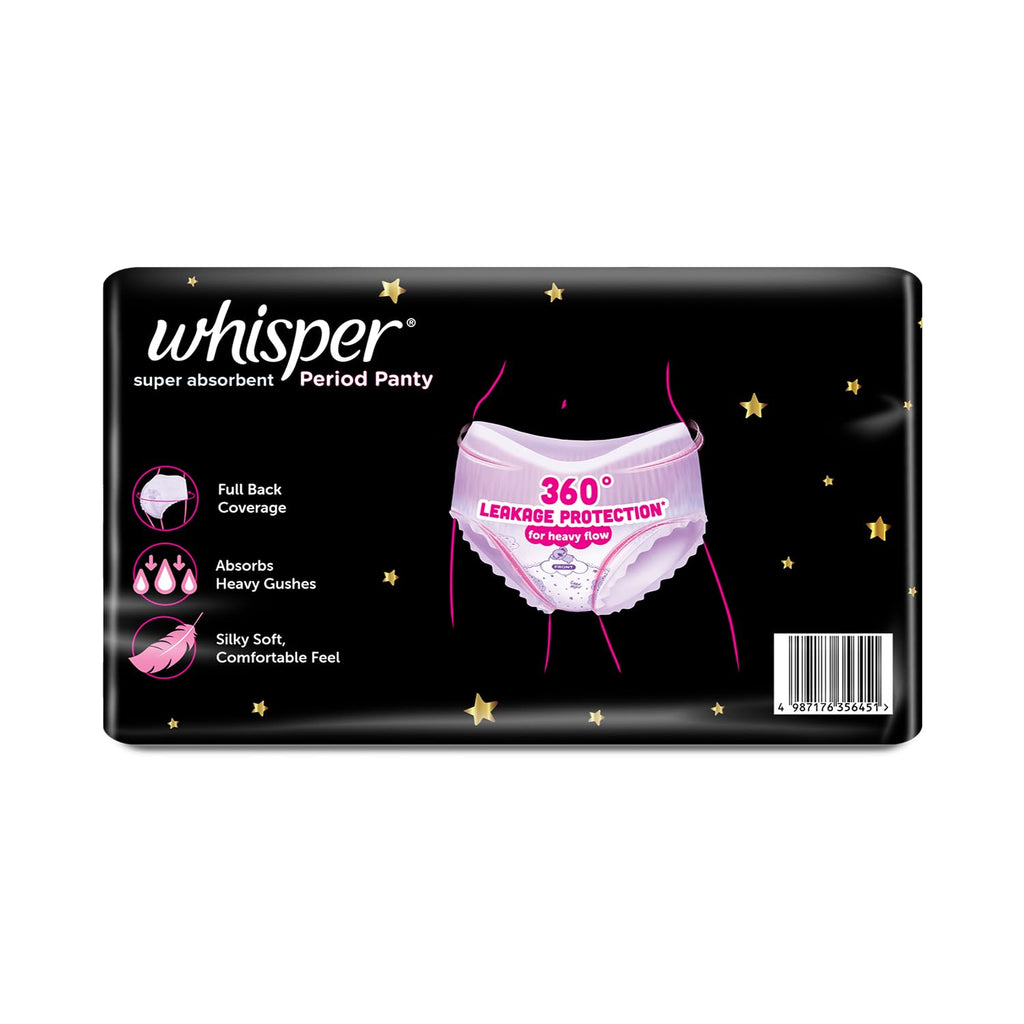 Whisper Super Absorbent Period Panty, 18 L-XL Pants, 360 Degree Leakage Protection* for Heavy Flow, Panty like Fit, Full back Coverage, Absorbs Heavy Gushes, Silky Soft, Comfortable Feel