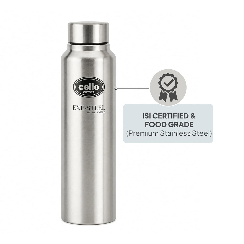 CELLO Crysta Stainless Steel Water Bottle for Daily Use Set of 2 Pcs Silver, 1000 ml | Single Wall, Rustproof & Leakproof, Fridge Safe | Stainless Steel Water Bottle for Kids, Office, Travel, Picnic