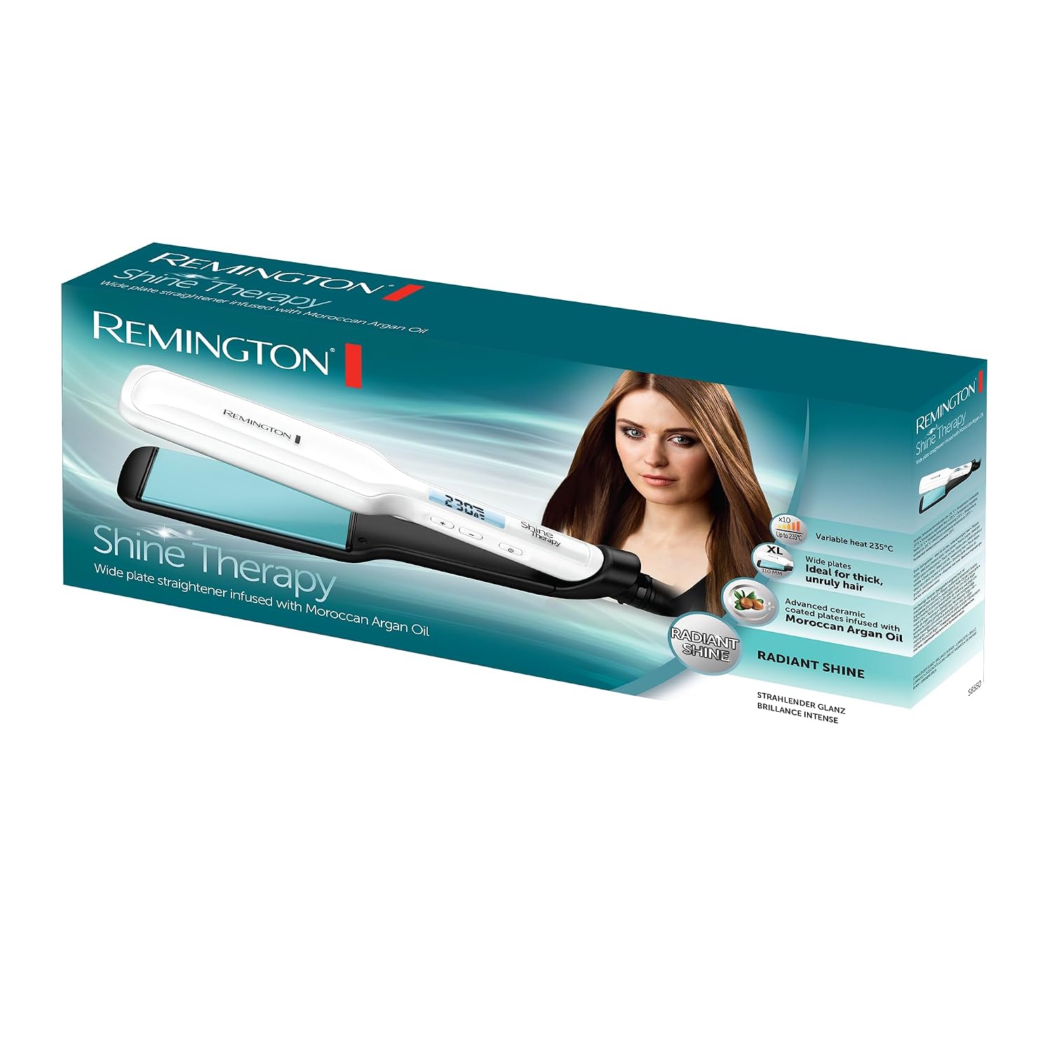Remington Hair Straightener Shine Therapy Wide Styling Plates (Wide Plates, With Moroccan Argan Oil And Vitamin E, For Long, Thick Hair) S8550