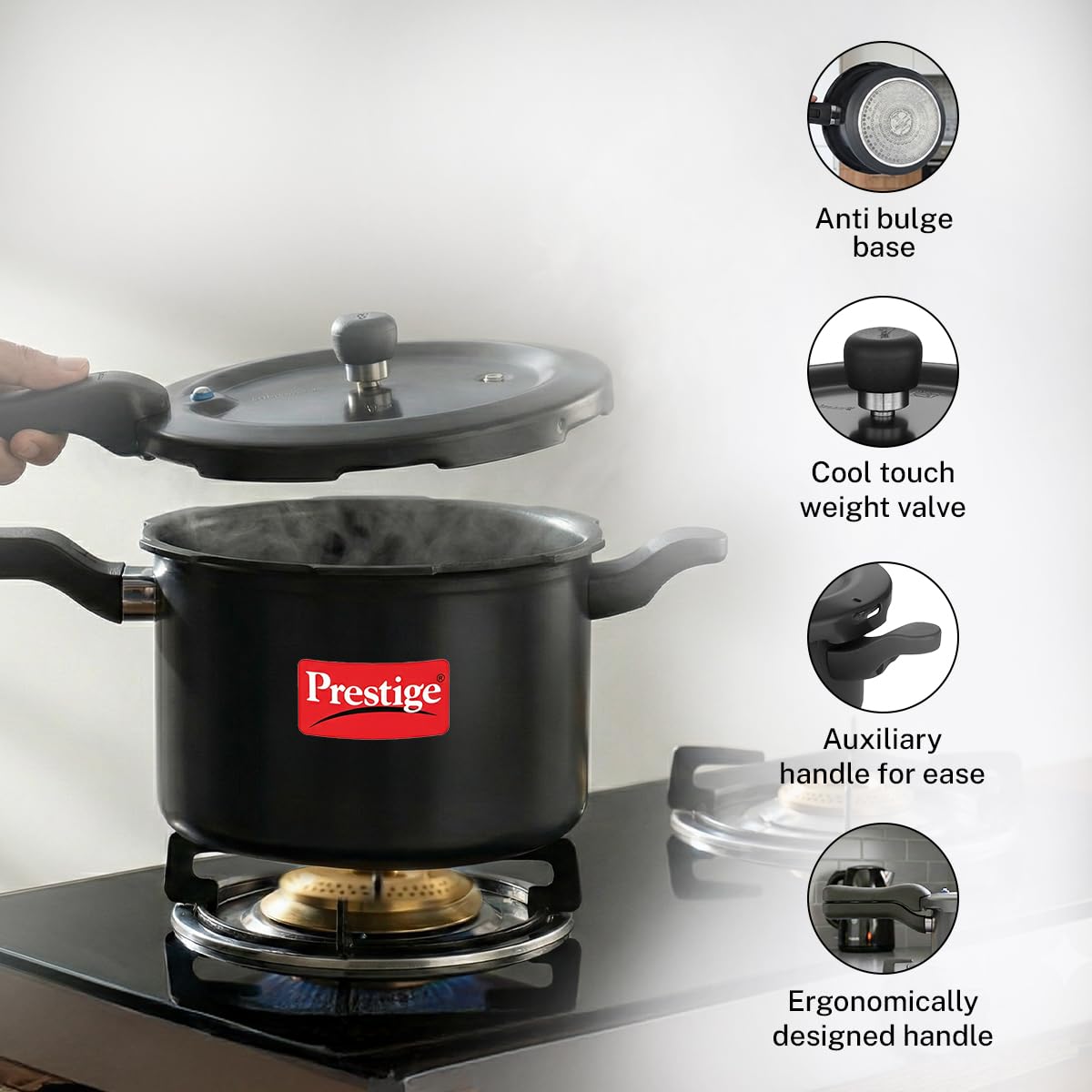 Prestige Svachh Hard Anodised Aluminium Outer Lid Pressure Cooker, 7.5 Litre, Black, 7.5 Liter