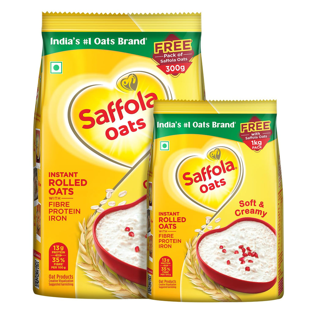 Saffola Oats, 1kg + 300g, 13g High Protein, 10g High Fibre | Instant Rolled Oats | Soft and Creamy | Helps manage weight