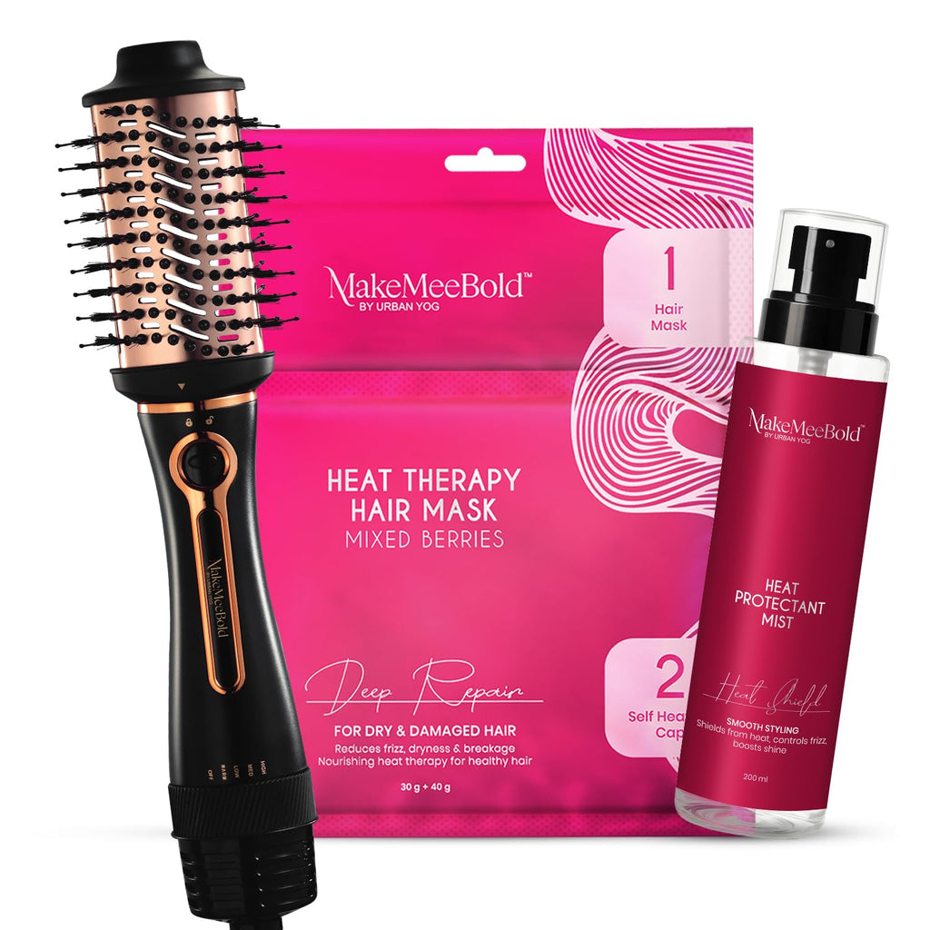 Urban Yog MakeMeeBold Styling & Care Combo | 3-in-1 Hot Air Brush + Heat Therapy Mask with Self-Heating Cap + Heat Protectant Spray 200ml | Dryer, Straightener, Volumizer | Repair, Frizz-Free, Smooth & Shiny | Gifts for Women