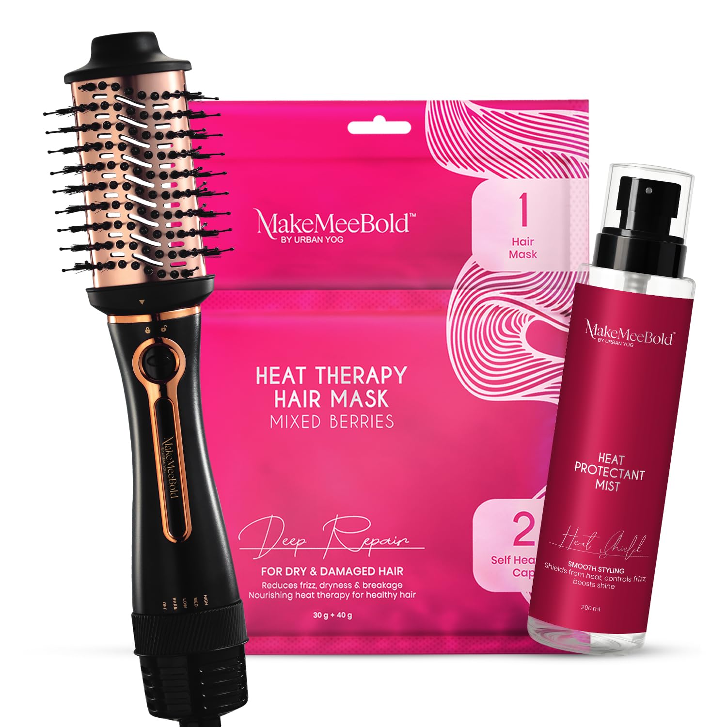 Urban Yog MakeMeeBold Styling & Care Combo | 3-in-1 Hot Air Brush + Heat Therapy Mask with Self-Heating Cap + Heat Protectant Spray 200ml | Dryer, Straightener, Volumizer | Repair, Frizz-Free, Smooth & Shiny | Gifts for Women