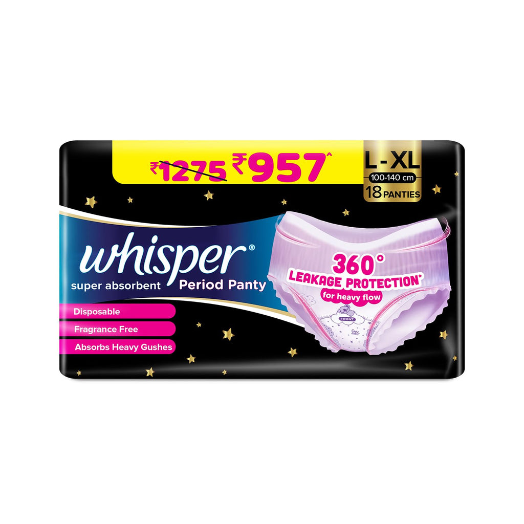 Whisper Super Absorbent Period Panty, 18 L-XL Pants, 360 Degree Leakage Protection* for Heavy Flow, Panty like Fit, Full back Coverage, Absorbs Heavy Gushes, Silky Soft, Comfortable Feel
